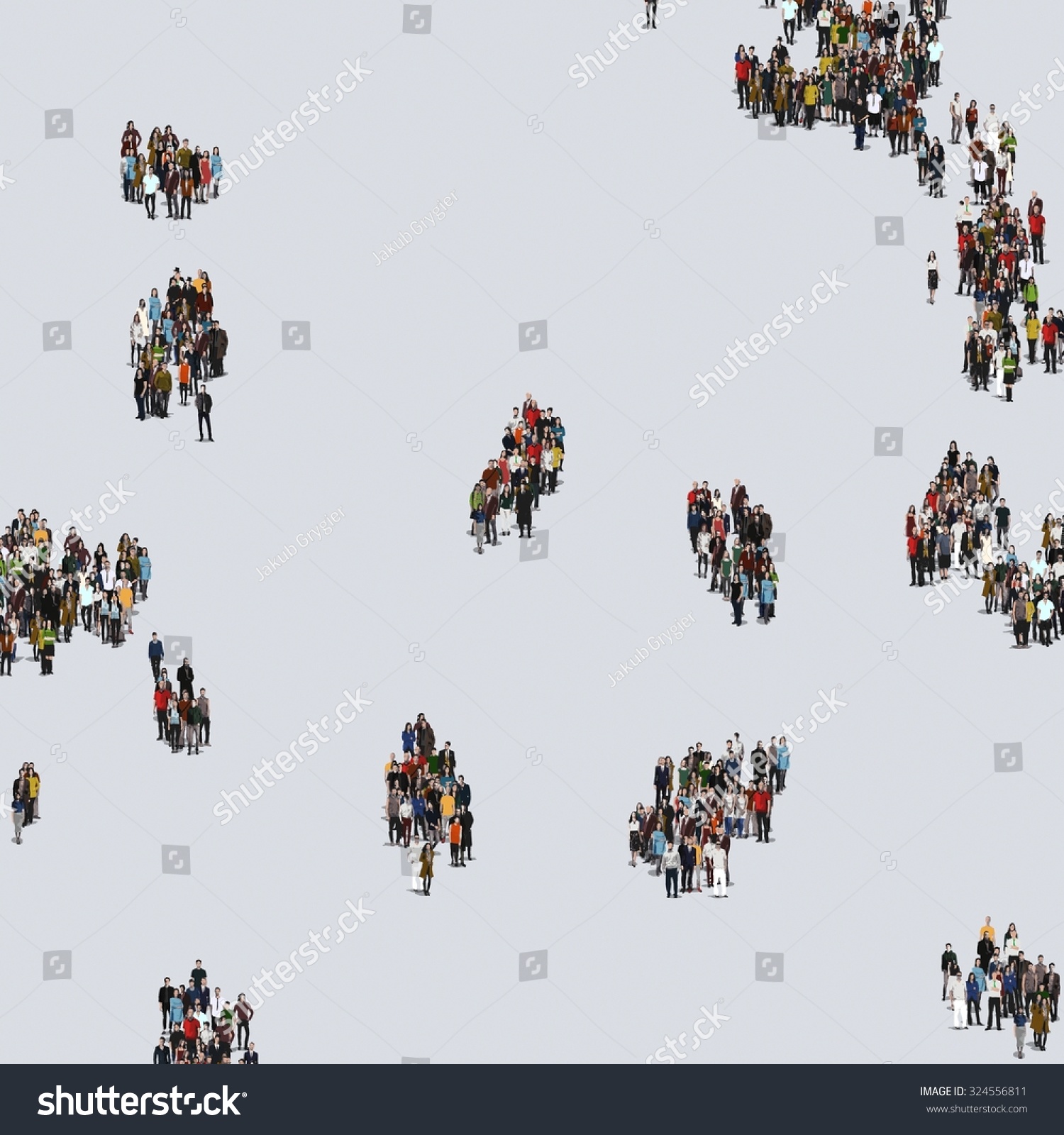 Large group of people, crowd forming various shapes across surface on grayish constant background for posters and advertisement. #324556811