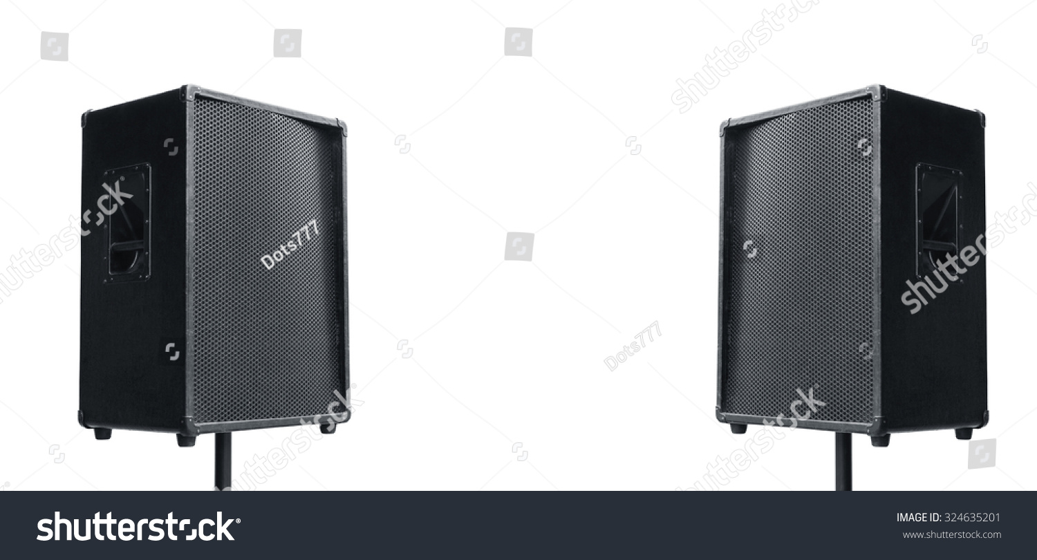 Two public outdoor speakers isolated on white background. Side by side with copy space,concert or public speech concept. #324635201