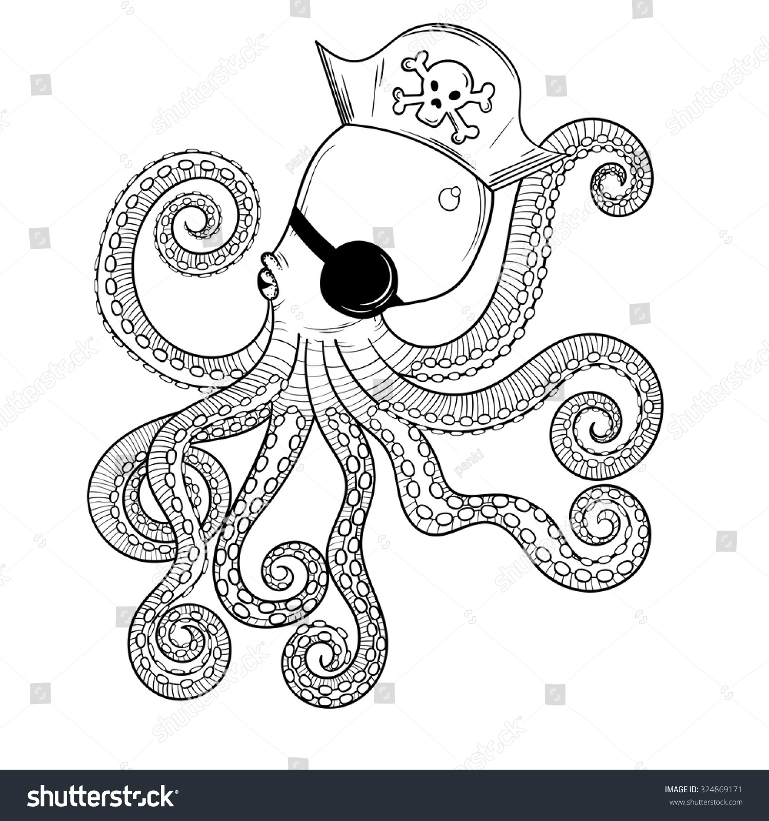 Hand drawn Octopus like Pirate animal totem for adult Coloring Page in zentangle style