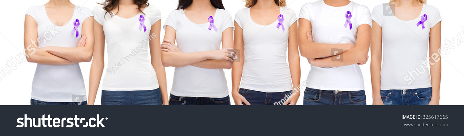 charity, people, health care and social issue concept - close up of woman with purple domestic violence awareness ribbon on her chest #325617665