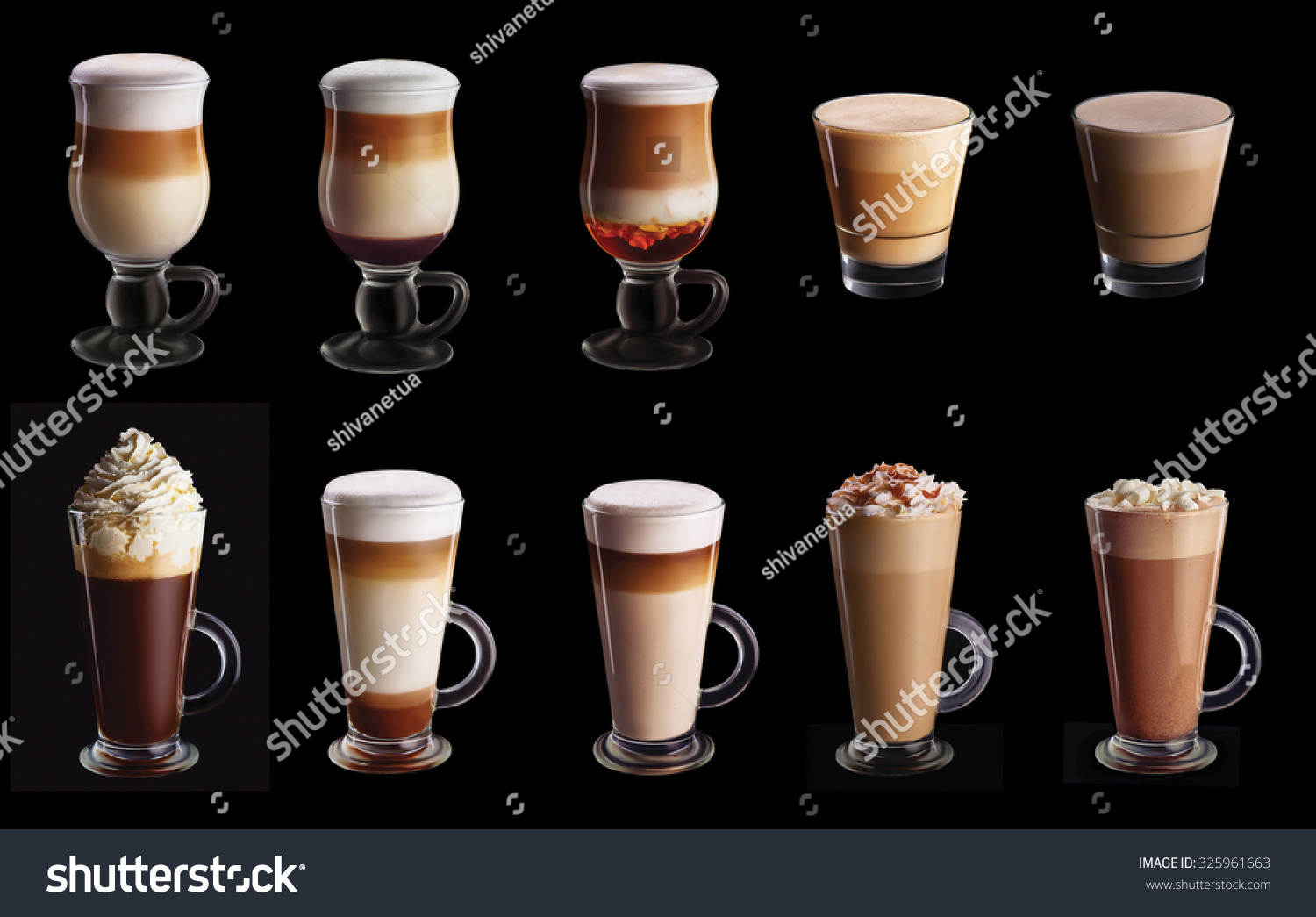 Ten coffee coctails collage set isolated on black background #325961663