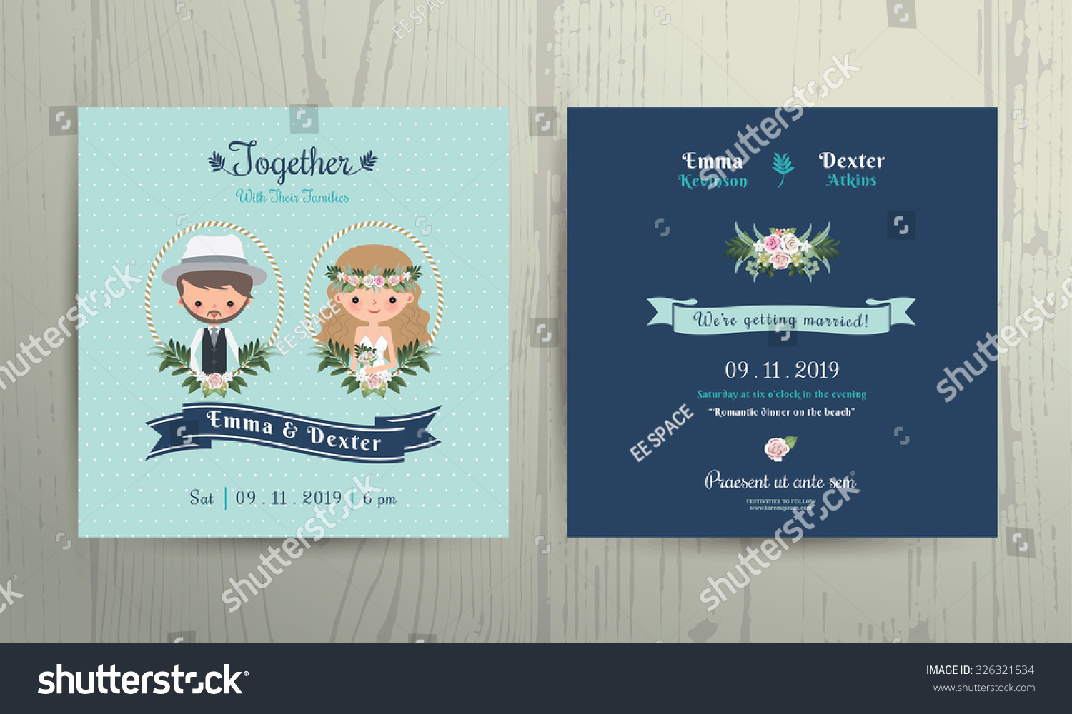 Wedding invitation card beach theme cartoon bride and groom portrait on wood background #326321534