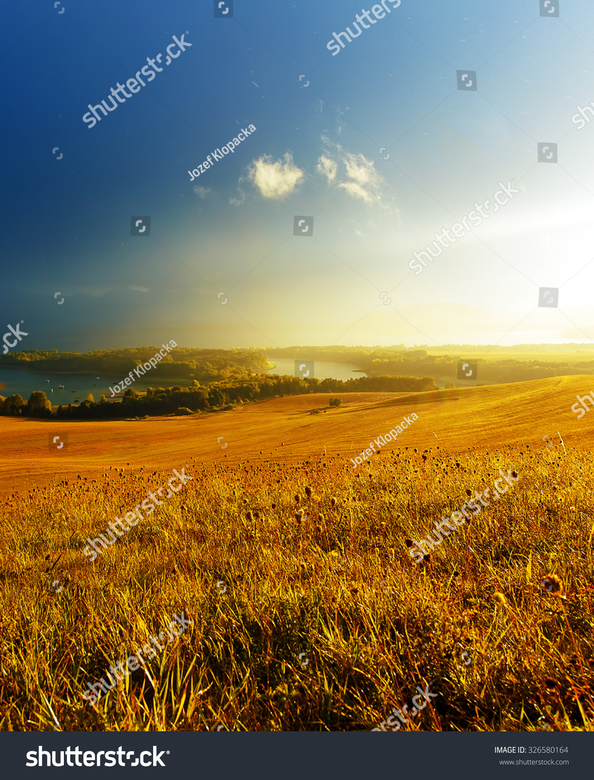 Beautiful landscape, green and yellow meadow and lake. Slovakia, Central Europe #326580164