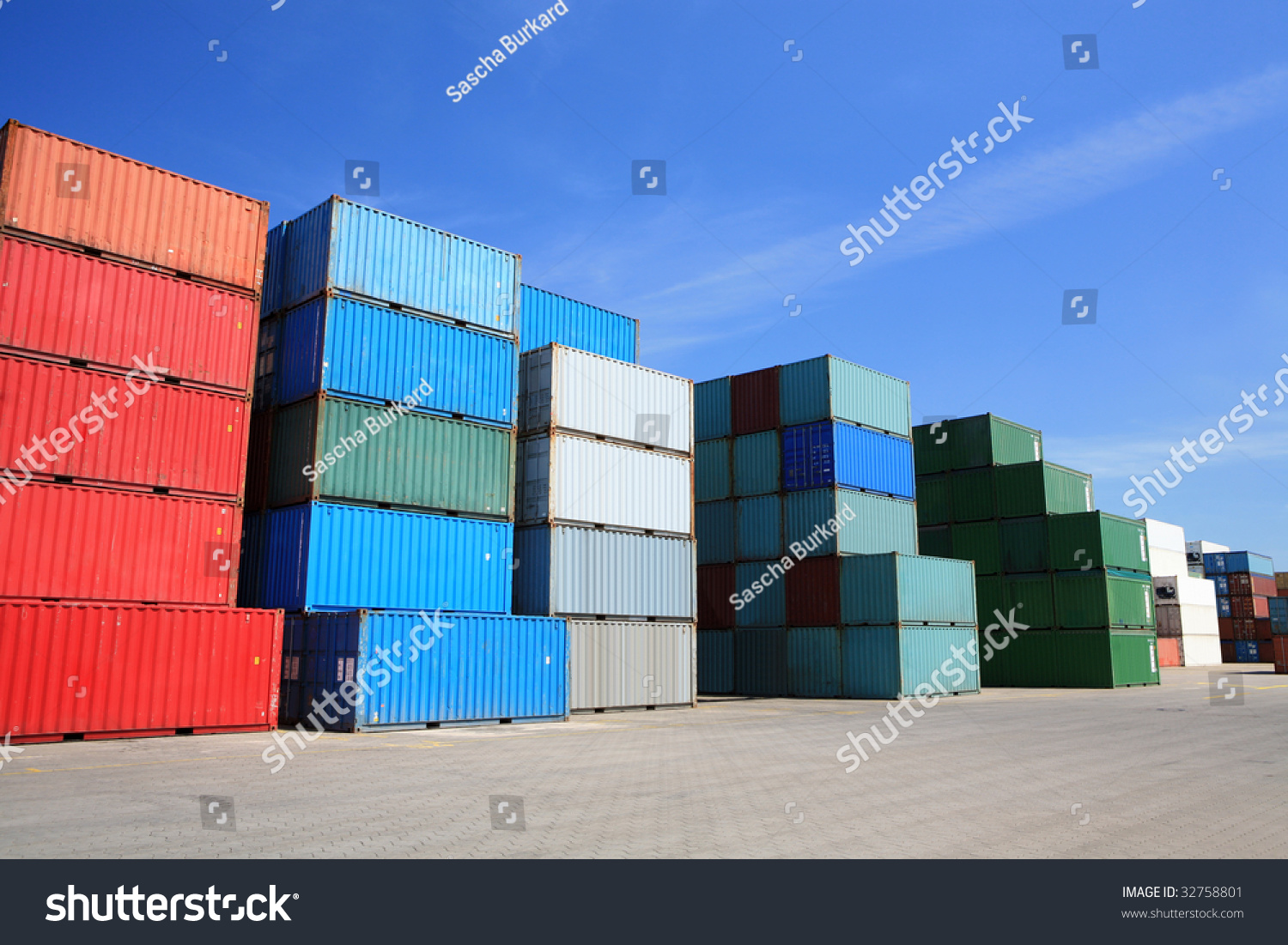 shipping containers - many cargo freight containers stacked in harbor #32758801