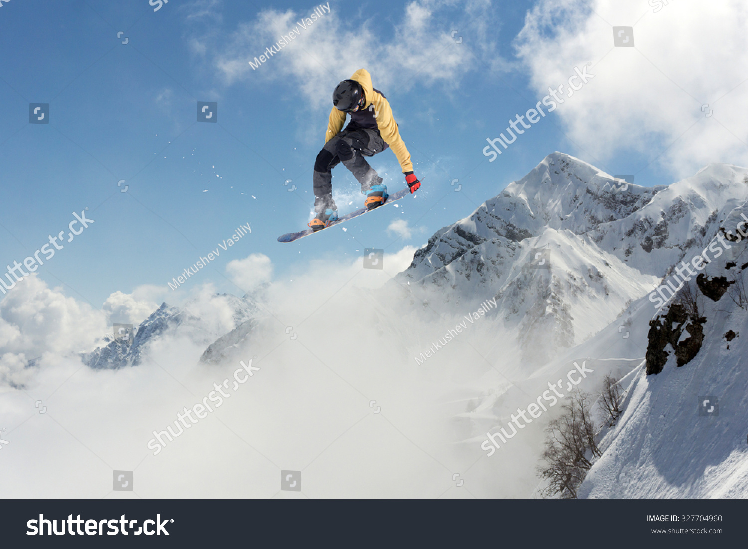 Flying snowboarder on mountains, extreme sport #327704960