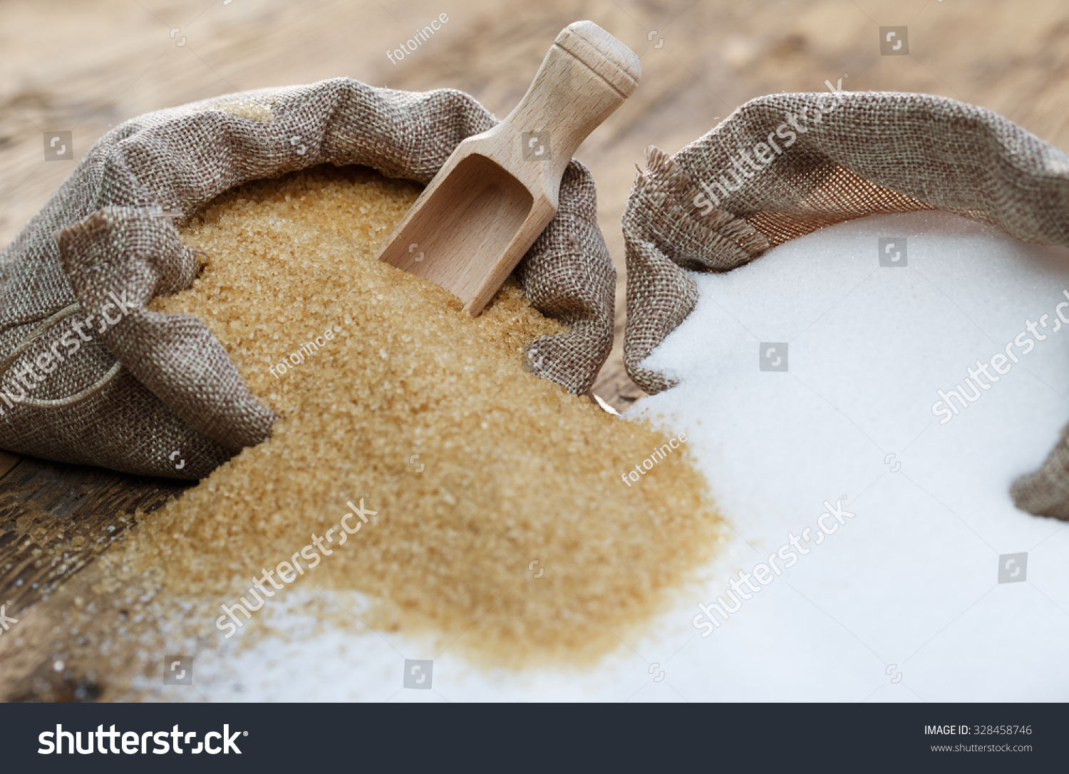Various types of sugar, brown sugar and white  #328458746
