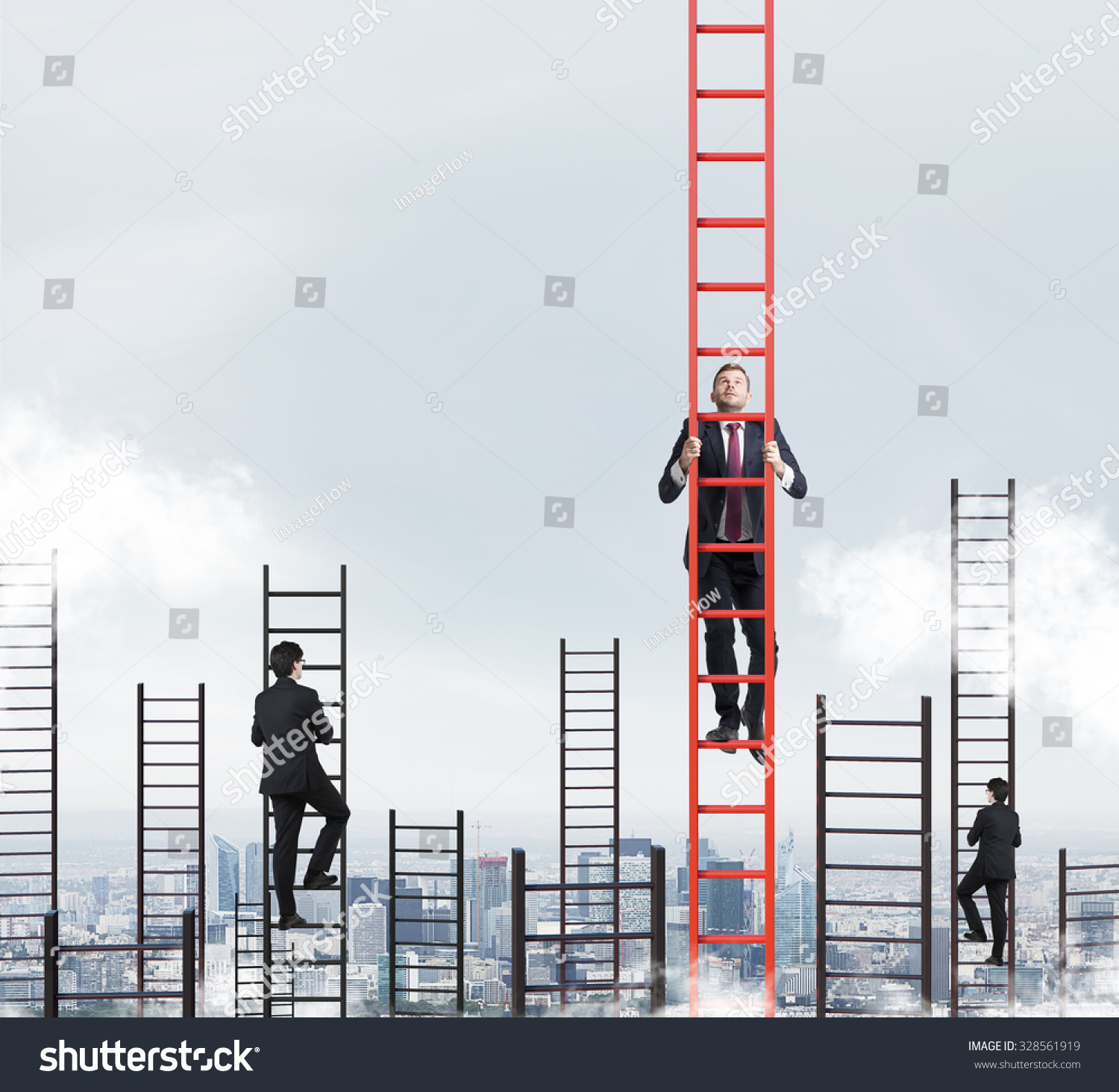 A concept of competition, and problem solving. Several businessmen are racing to achieve the highest point using ladders. New York city view. #328561919