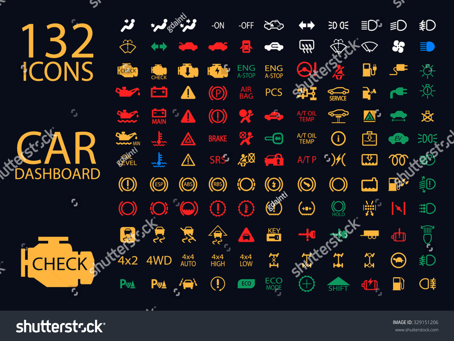 Vector collection of car dashboard panel indicators, yellow red green blue icons of engine, petrol, air bag, air conditioning, speedometer, oil level and other colourful car maintenance signs. #329151206