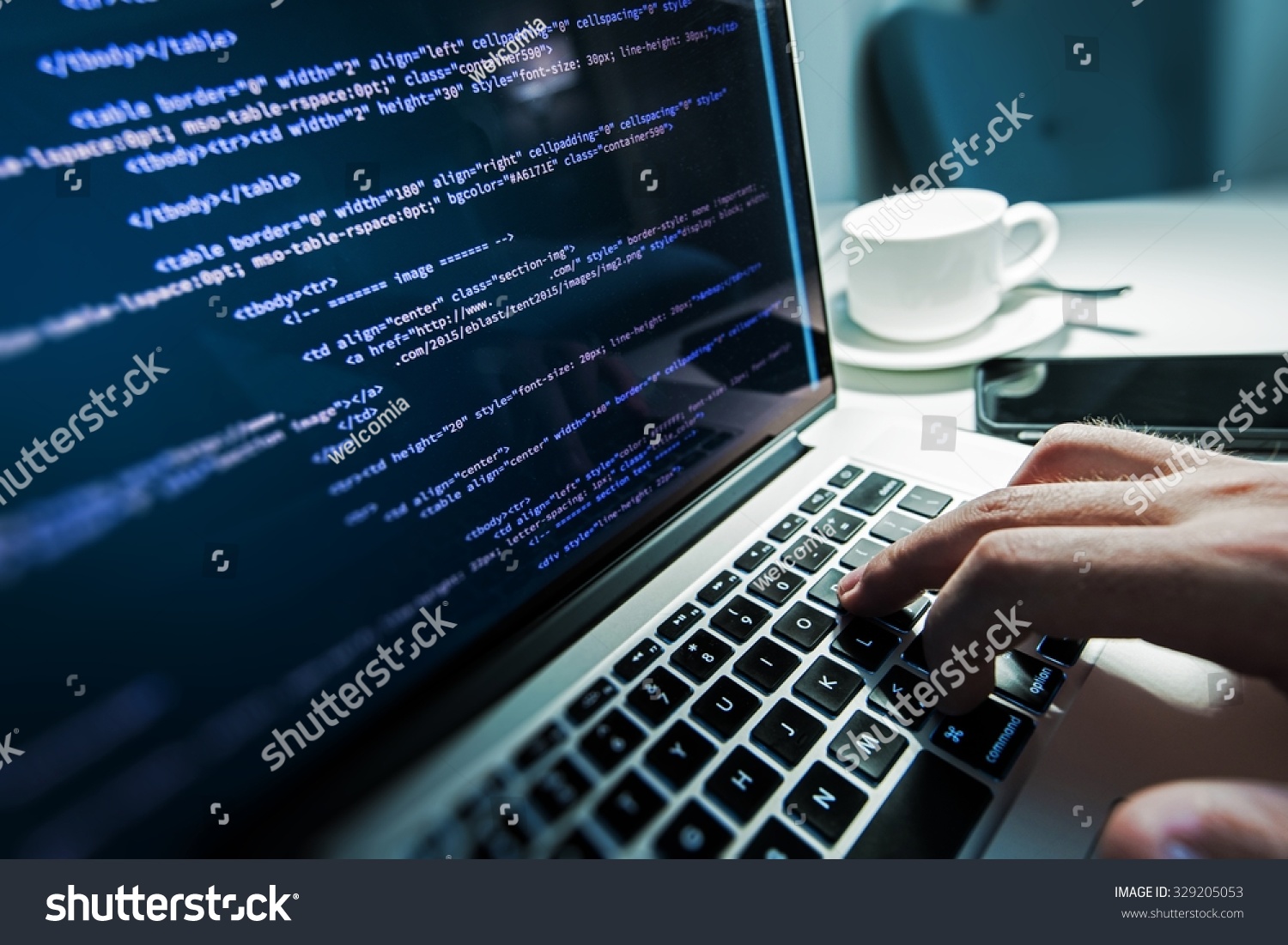 Programming Work Time. Programmer Typing New Lines of HTML Code. Laptop and Hand Closeup. Working Time. Web Design Business Concept. #329205053