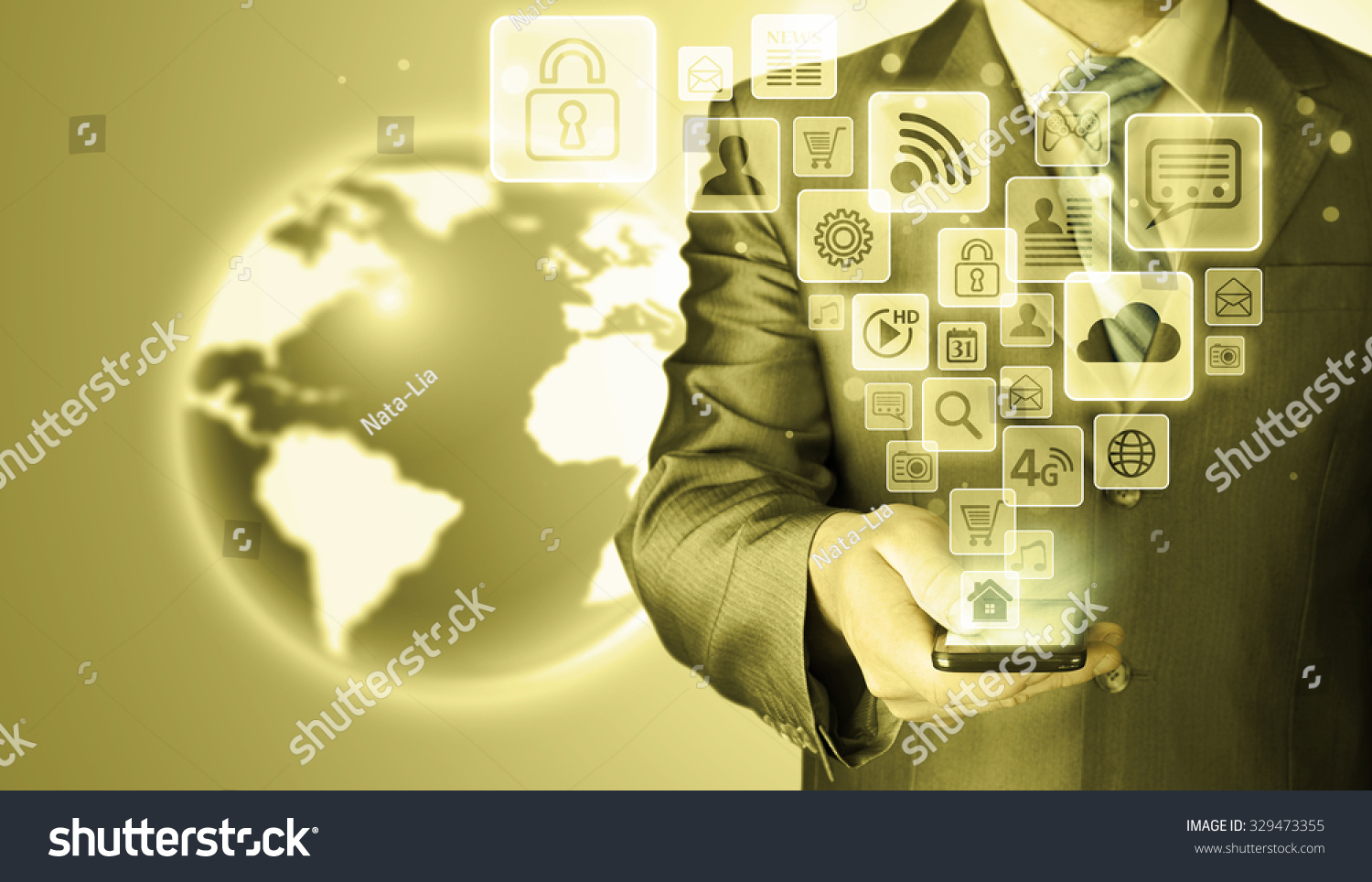 Business man using smart phone with social media icon set #329473355