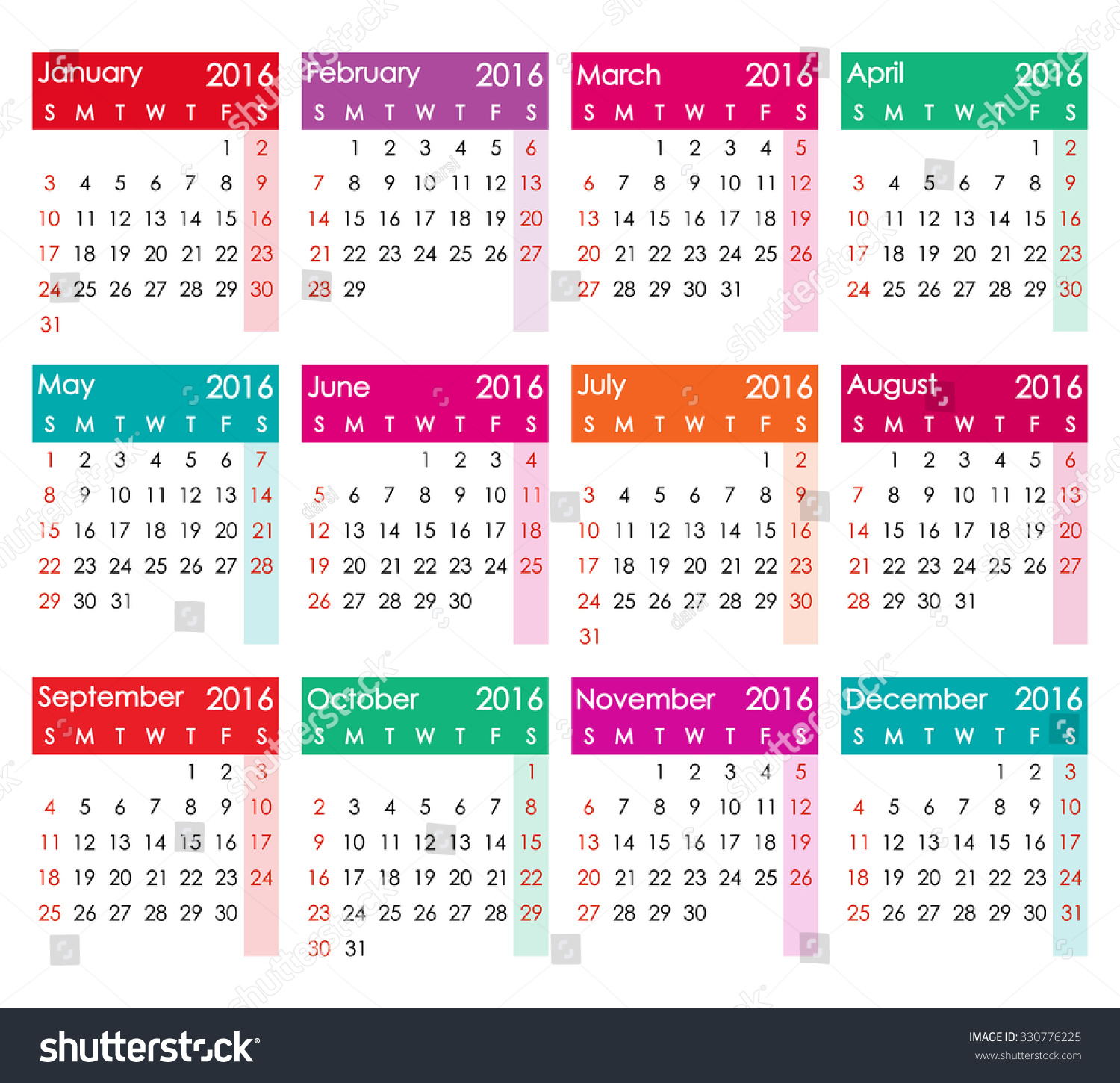 Simple 2016 Calendar - week starts with Sunday, - Royalty Free Stock ...