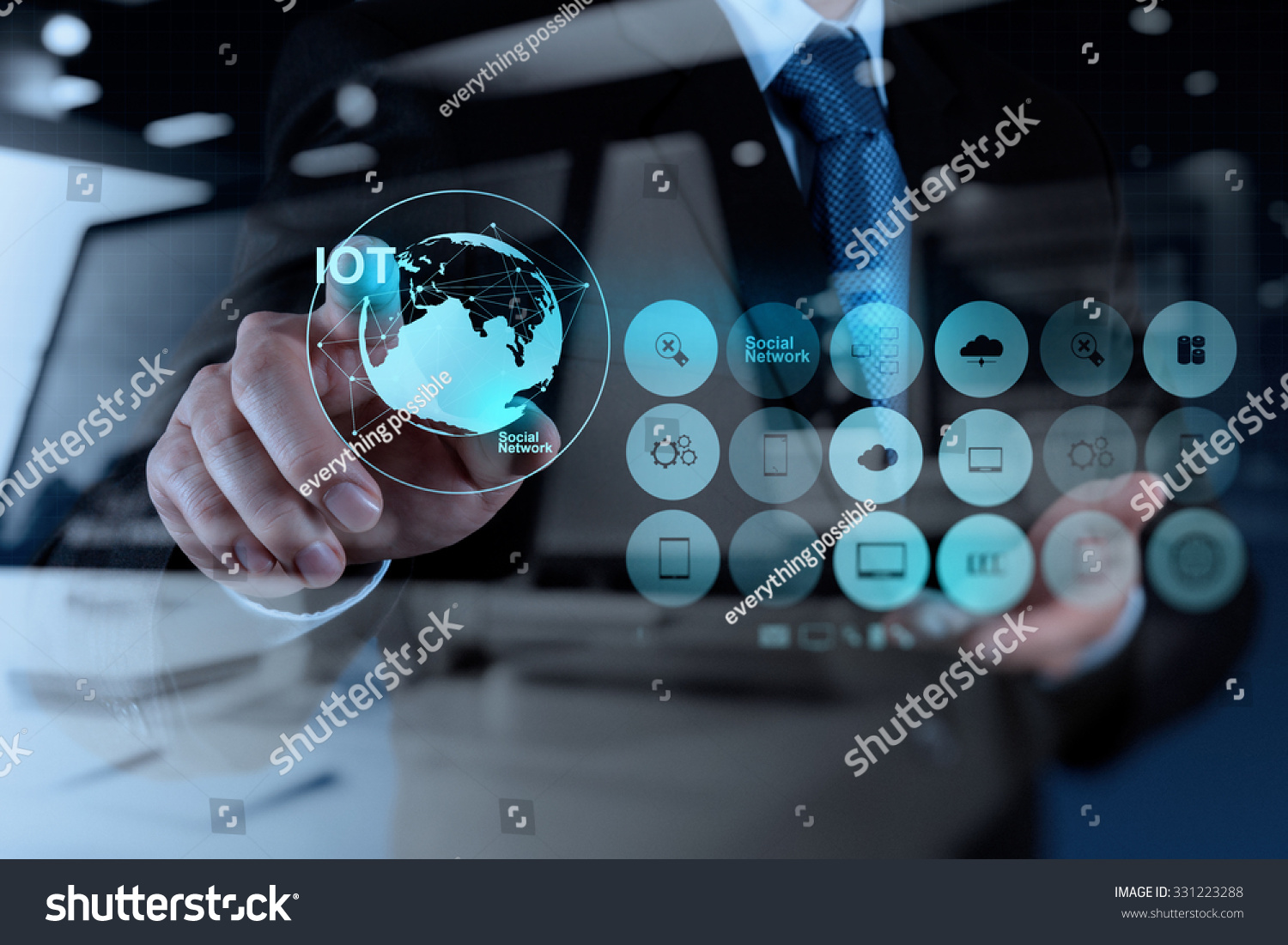 double exposure of hand showing Internet of things (IoT) word diagram as concept #331223288