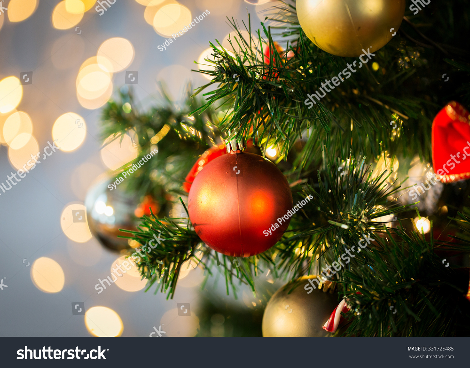 holidays, new year, decor and celebration concept - close up of christmas tree decorated with balls #331725485