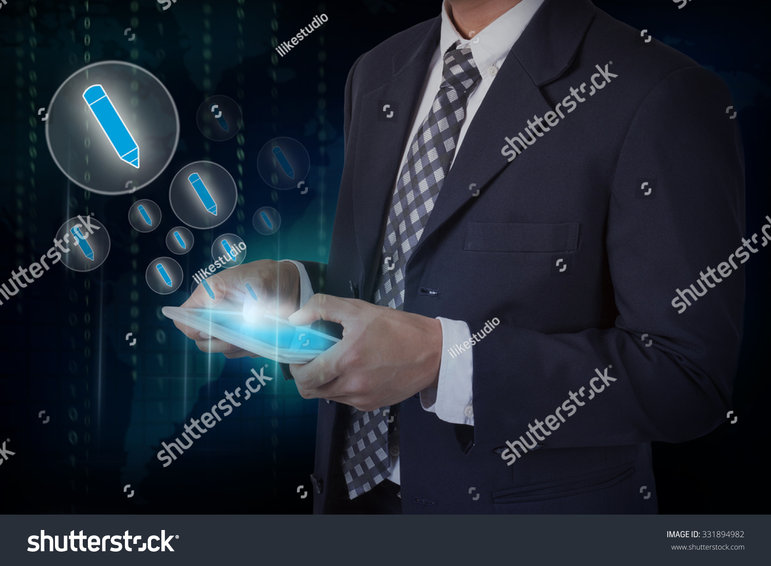 Businessman hand touch pen icons on a tablet. #331894982