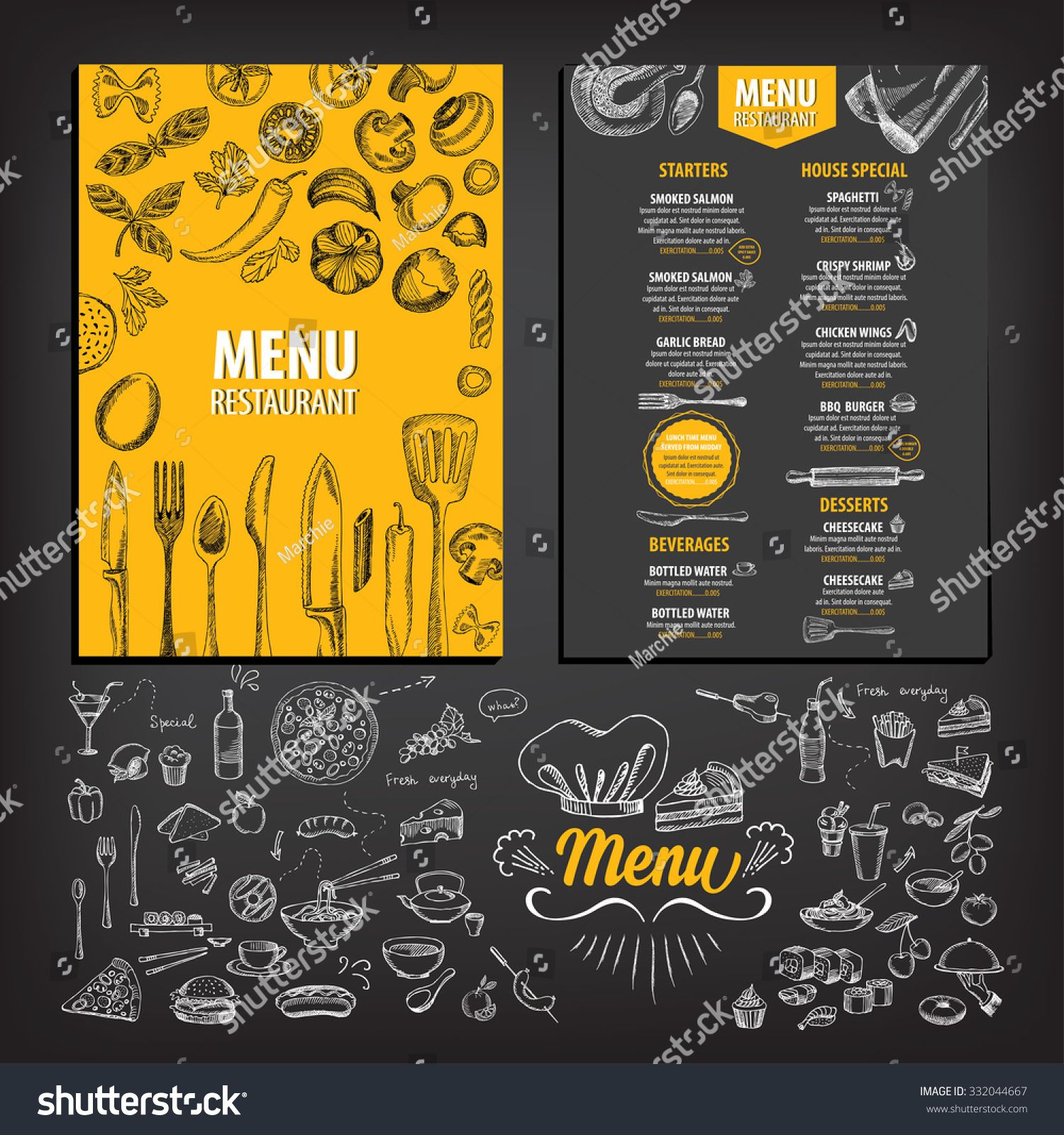 Vector restaurant brochure, menu design. Vector cafe template with hand-drawn graphic. Food flyer. #332044667