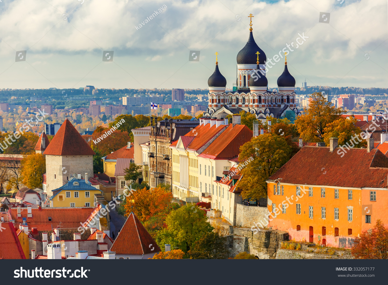 Toompea hill with fortress wall, tower and Russian Orthodox Alexander Nevsky Cathedral, view from the tower of St. Olaf church, Tallinn, Estonia #332057177