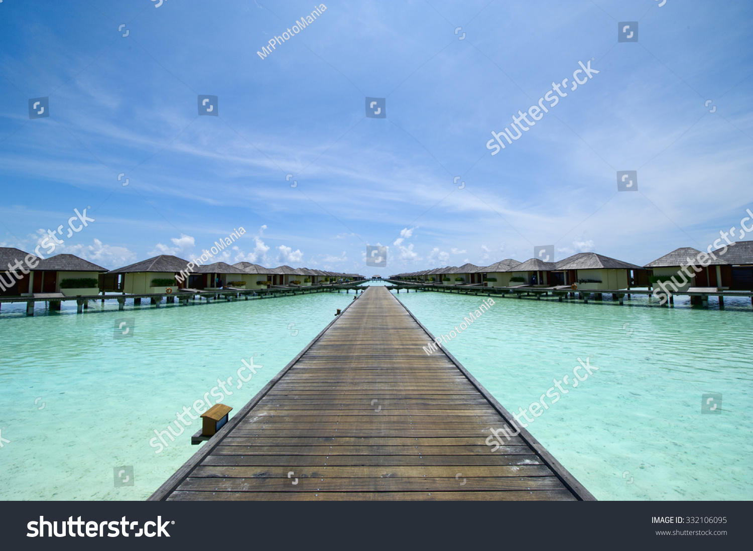 Over water bungalows with amazing green and poor sea #332106095