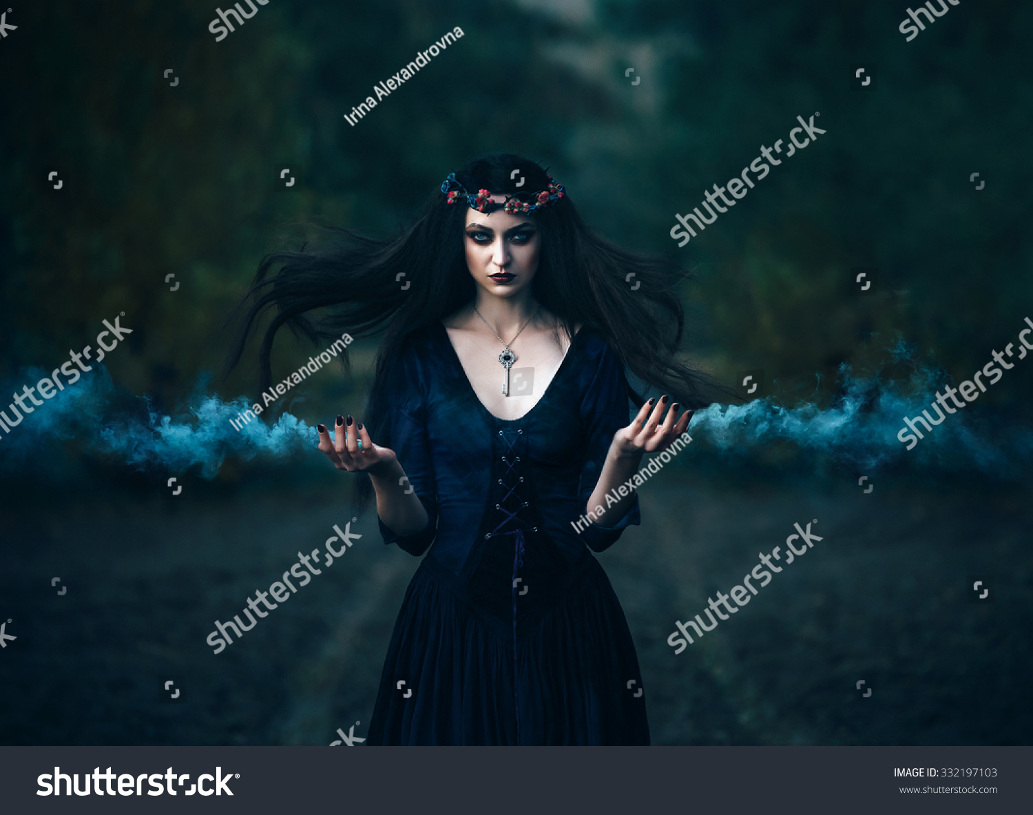 Fantasy horror woman witch medieval old purple outfit clothes dress. key on neck. Gothic magic portrait. Evil  makeup face Art scary Magician spell smoke hands. Hair flutter fly wind night forest road #332197103