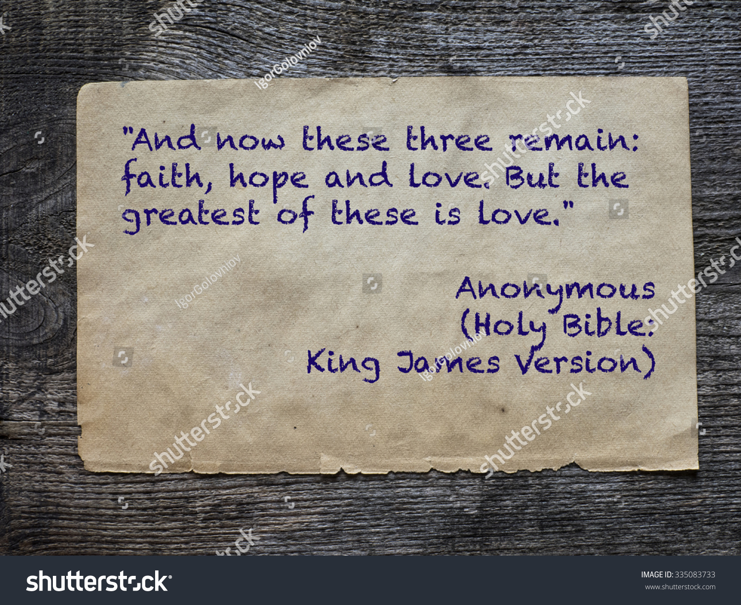 And now these three remain faith hope and love But the greatest of these is love Quote from Holy Bible King James Version Stock