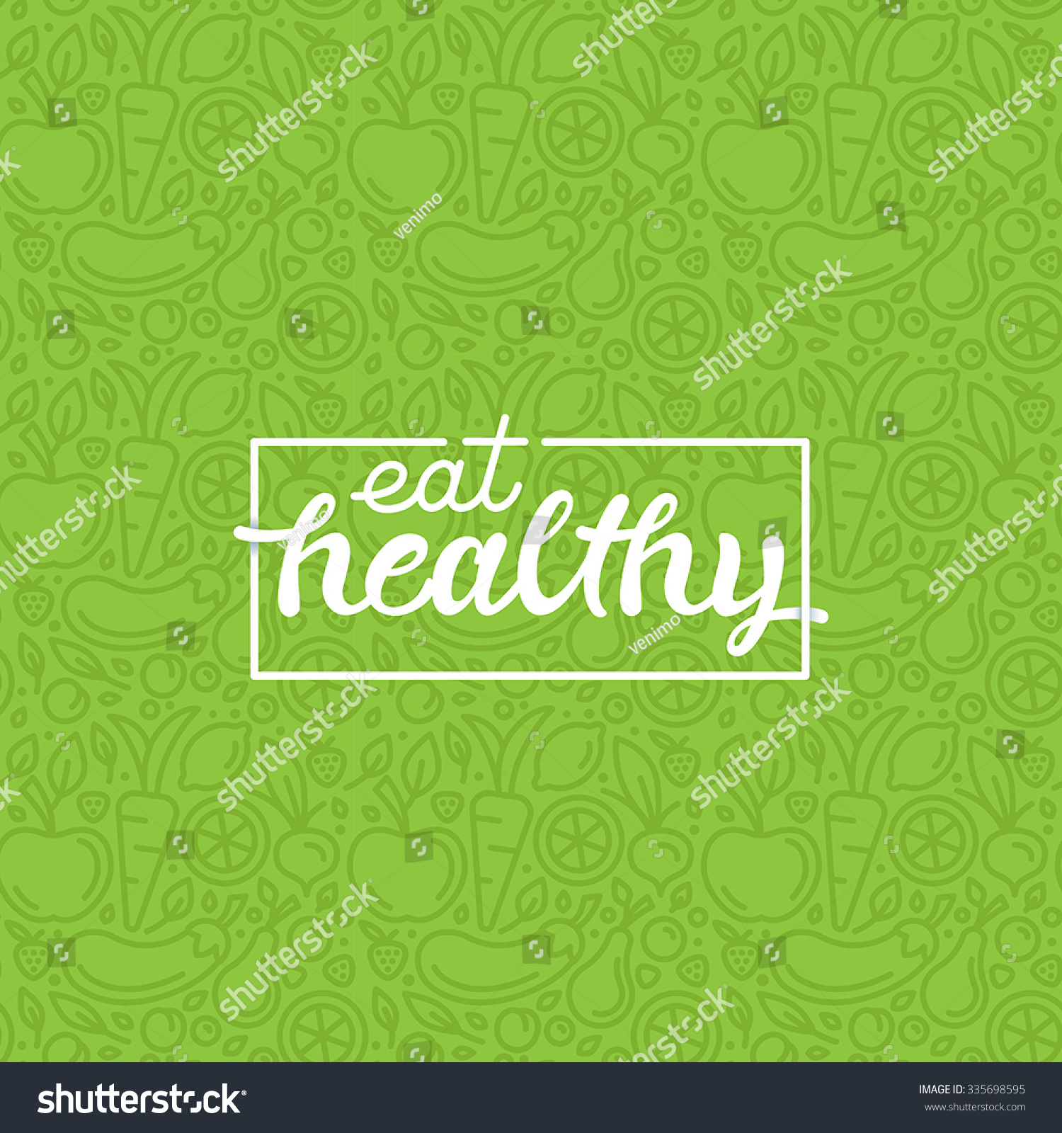 Eat healthy - motivational poster or banner with hand-lettering phrase eat healthy on green background with trendy linear icons and signs of fruits and vegetables - vector illustration #335698595