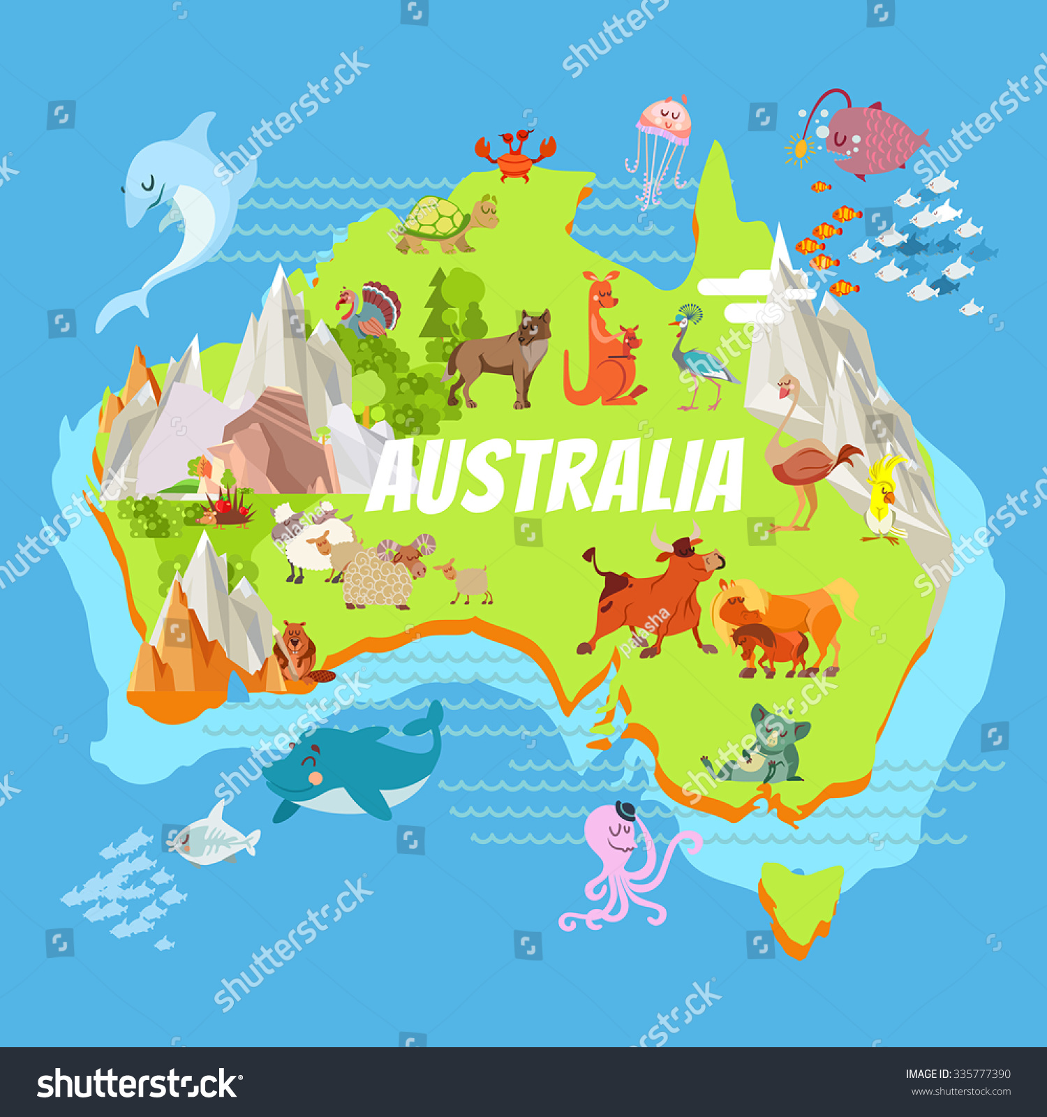 Cute cartoon australia continent map with - Royalty Free Stock Vector ...