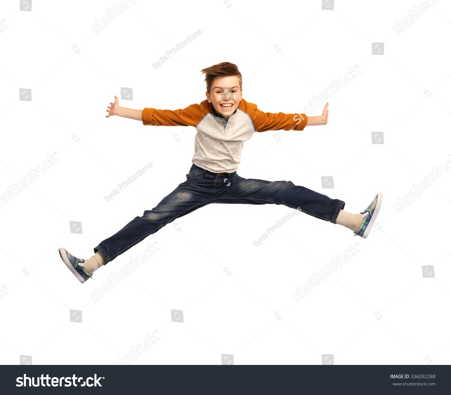 happiness, childhood, freedom, movement and people concept - happy smiling boy jumping in air #336092288