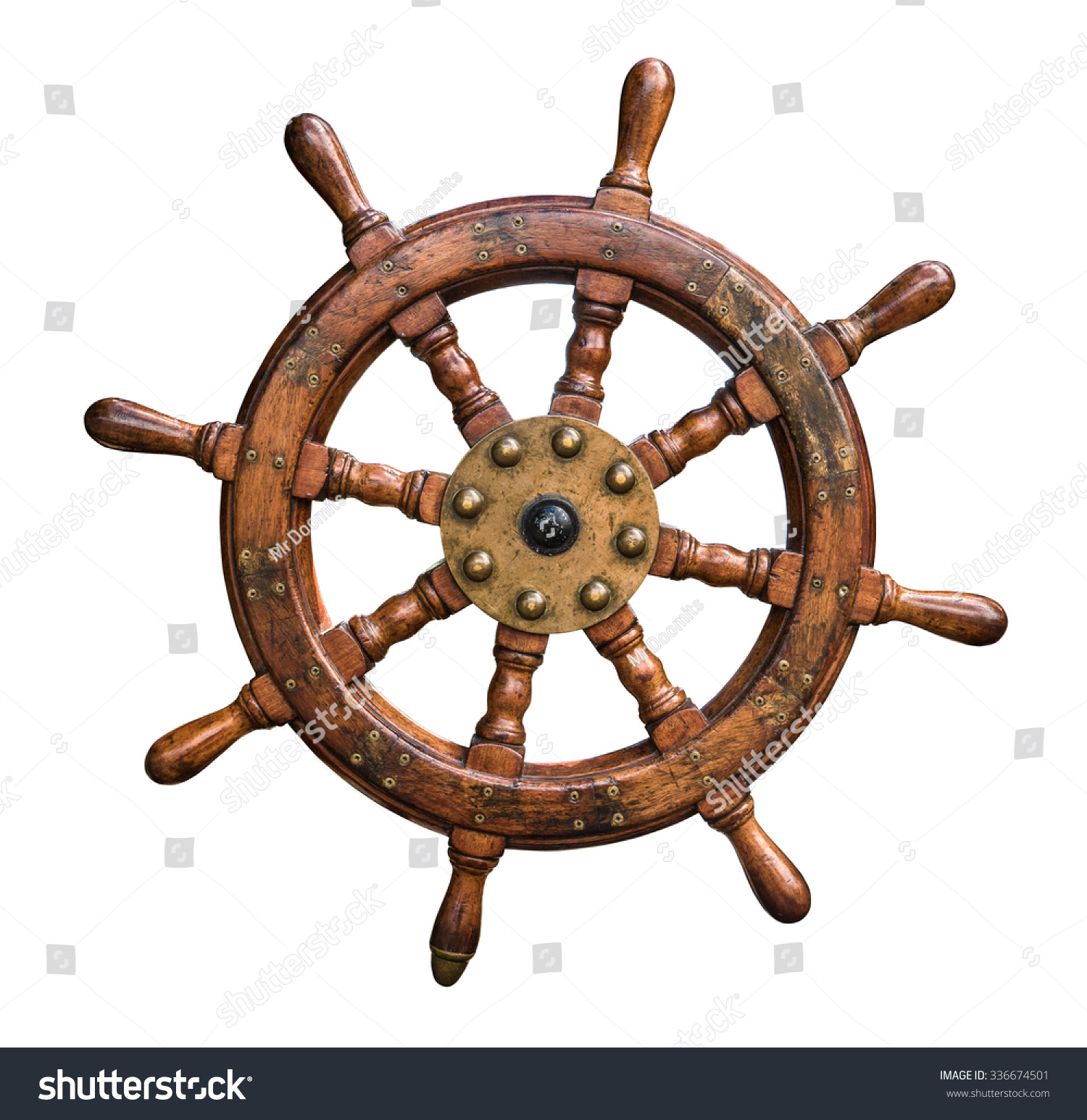 Isolated Vintage Wooden And Brass Ship's Steering Wheel With White Background #336674501