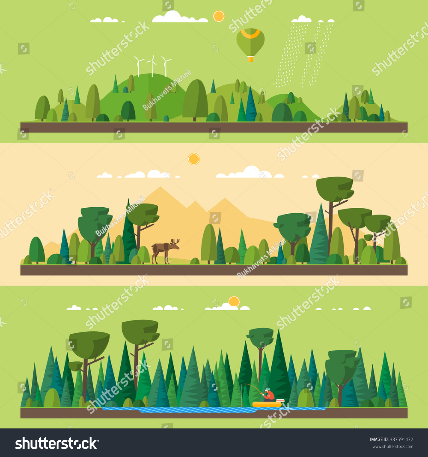 Vector flat illustrations - Eco style life. Abstract forest. Wildlife. Forest view. Fishing on the lake in the woods #337591472