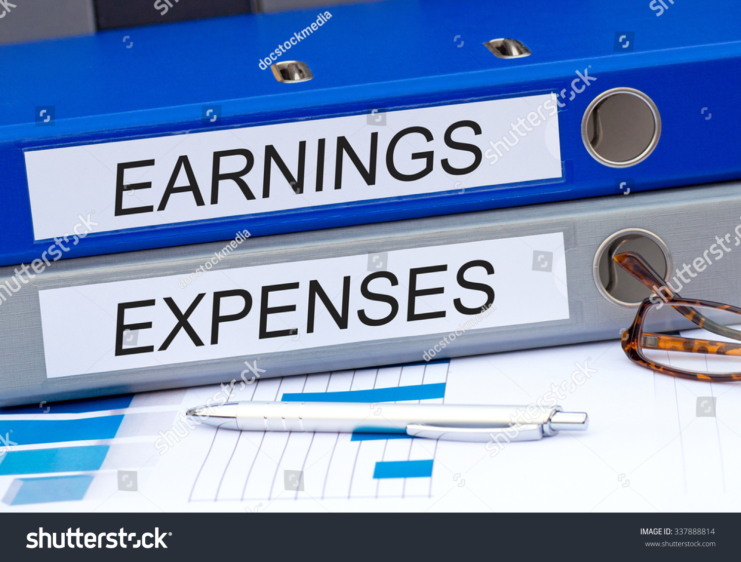 Earnings and Expenses - two binders with text on desk in the office #337888814