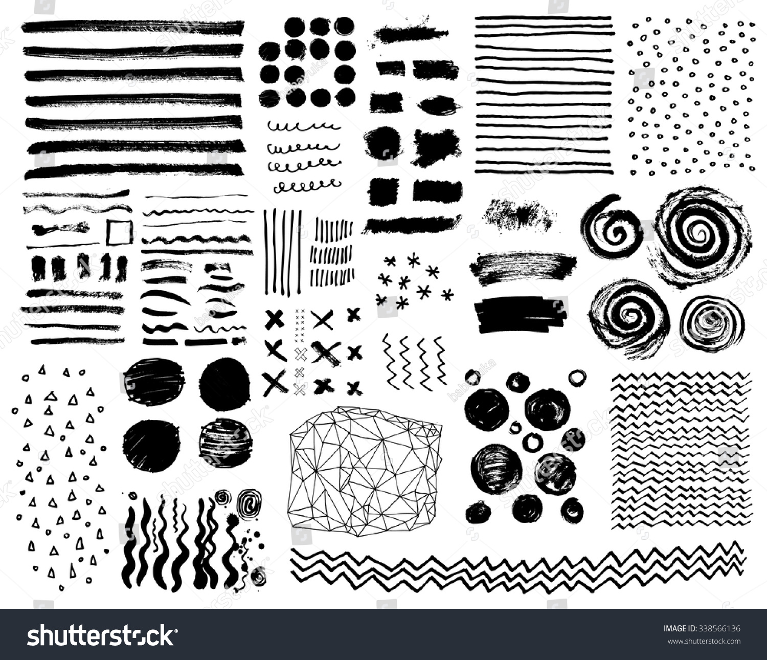 Vector set of grungy hand drawn textures. Lines, circles, crosses, smears, spirals, waves, brush strokes, triangles. Hand drawn elements for your graphic design #338566136