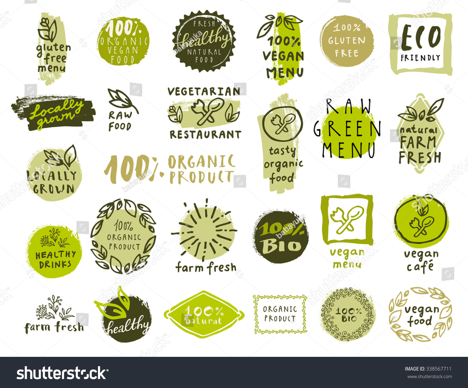 Retro set of 100% bio, organic, gluten free, eco, healthy food labels. Hand drawn logo templates. Vintage elements for restaurant menu or organic food package. Vector health food badges, hipster style #338567711
