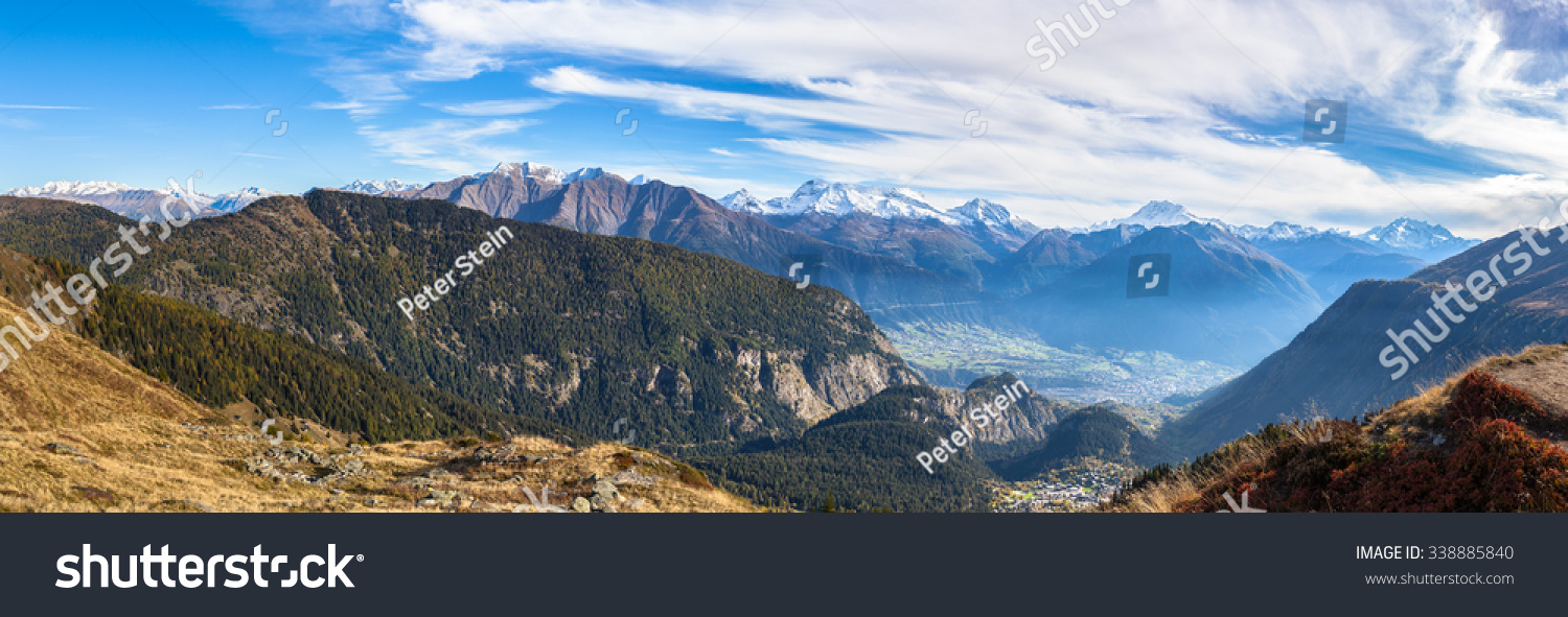 Panorama view of the swiss Alps from the small town Belalp, Canton of Valais, Switzerland #338885840