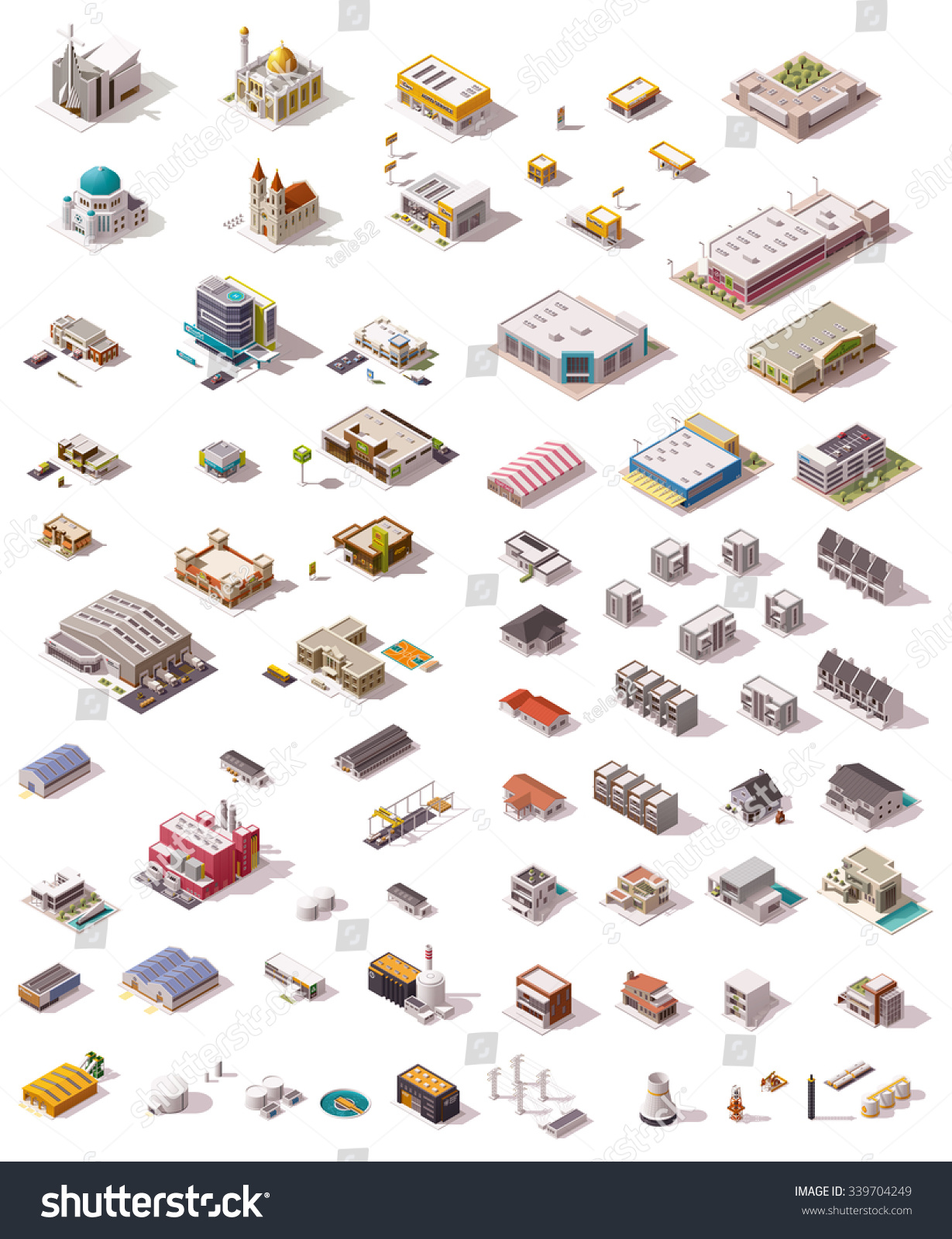 Isometric vector icon set which includes buildings, offices, homes, shops, stores, supermarkets, hospital, factory, warehouse, power plant, oil refinery and other industrial structures #339704249