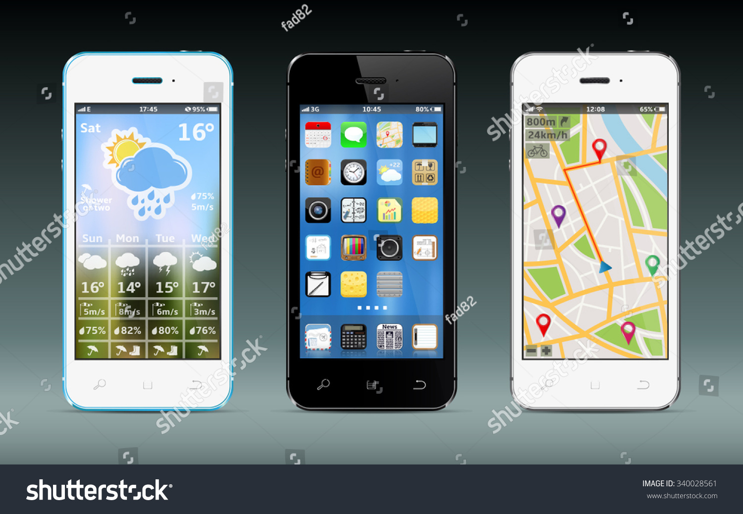 Smart phones with app icons, weather and GPS navigation widgets #340028561