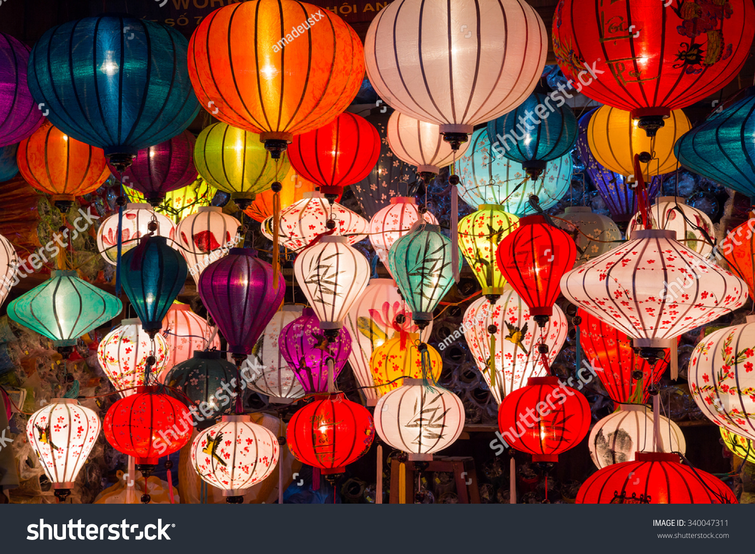 Paper lanterns on the streets of old Asian town #340047311