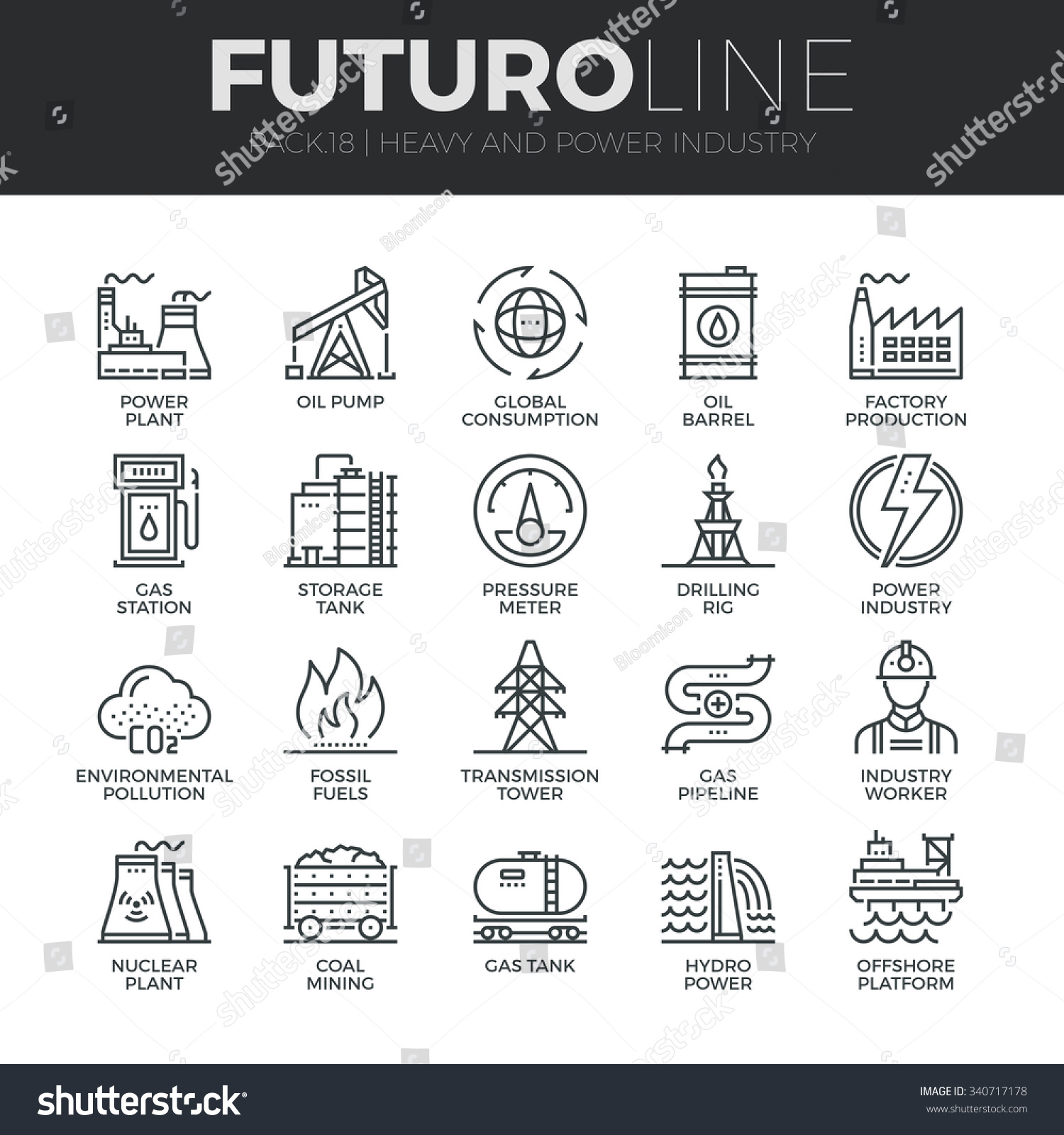 Modern thin line icons set of heavy industry, power plant, mining resources. Premium quality outline symbol collection. Simple mono linear pictogram pack. Stroke vector logo concept for web graphics. #340717178