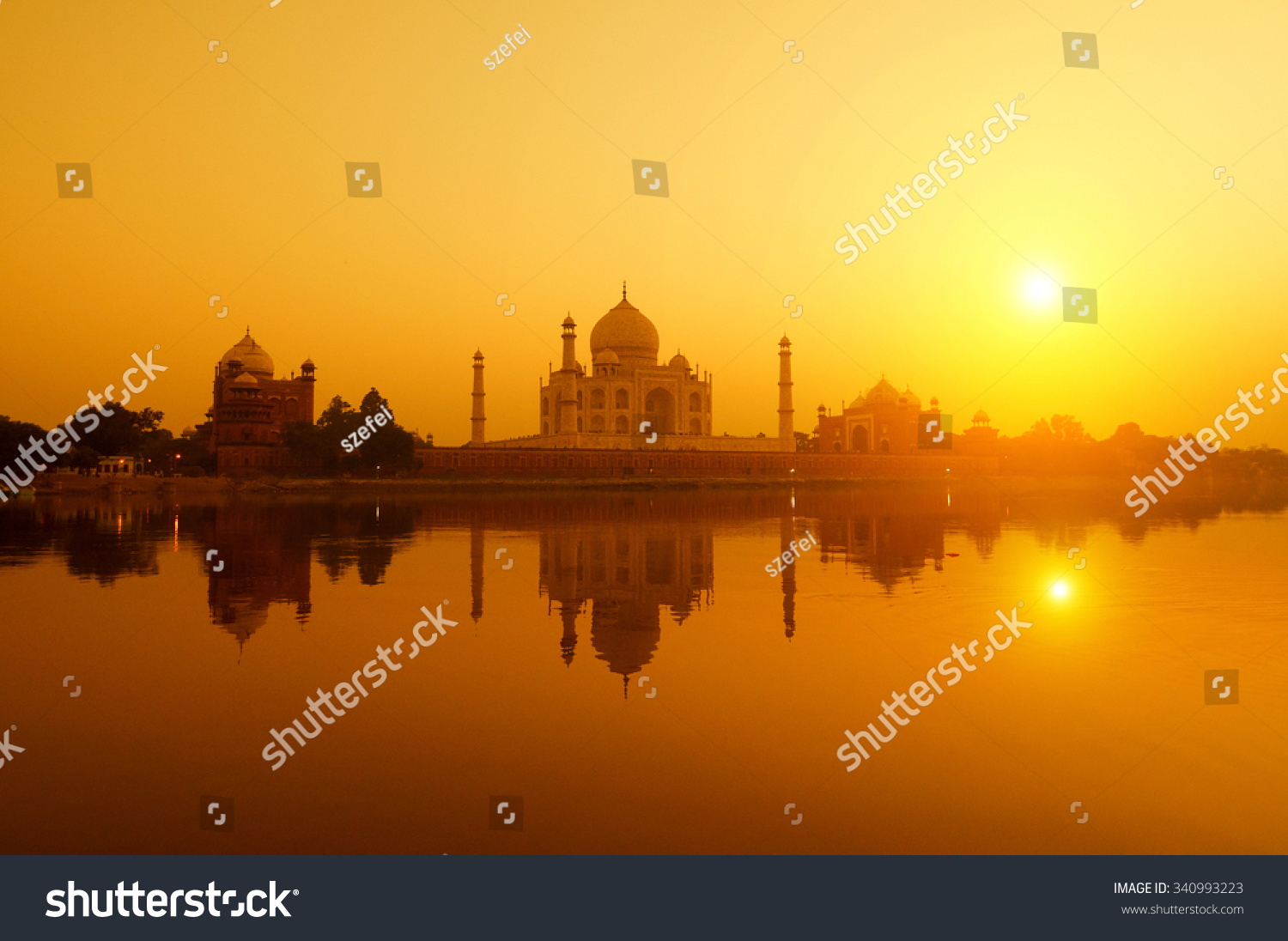 Panoramic view of Taj Mahal at sunset with reflection, Agra, Uttar Pradesh, India. #340993223