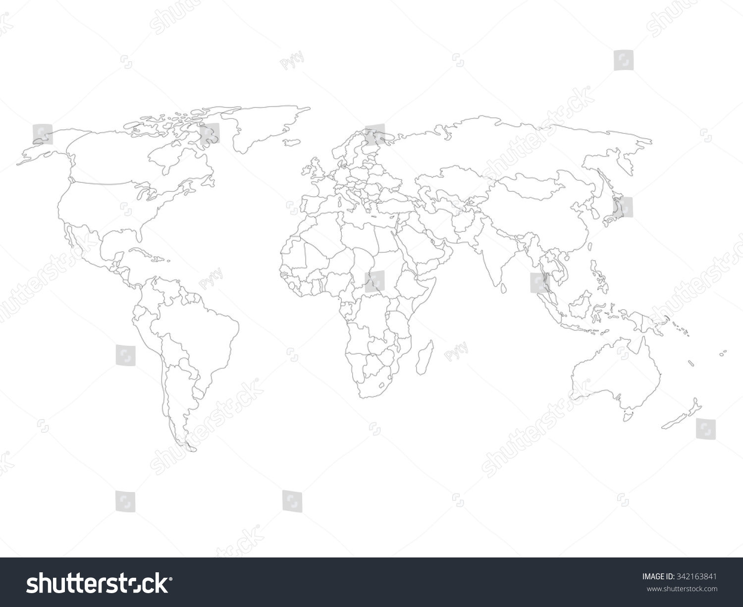 World map with smoothed country borders. Thin black outline on white background. #342163841