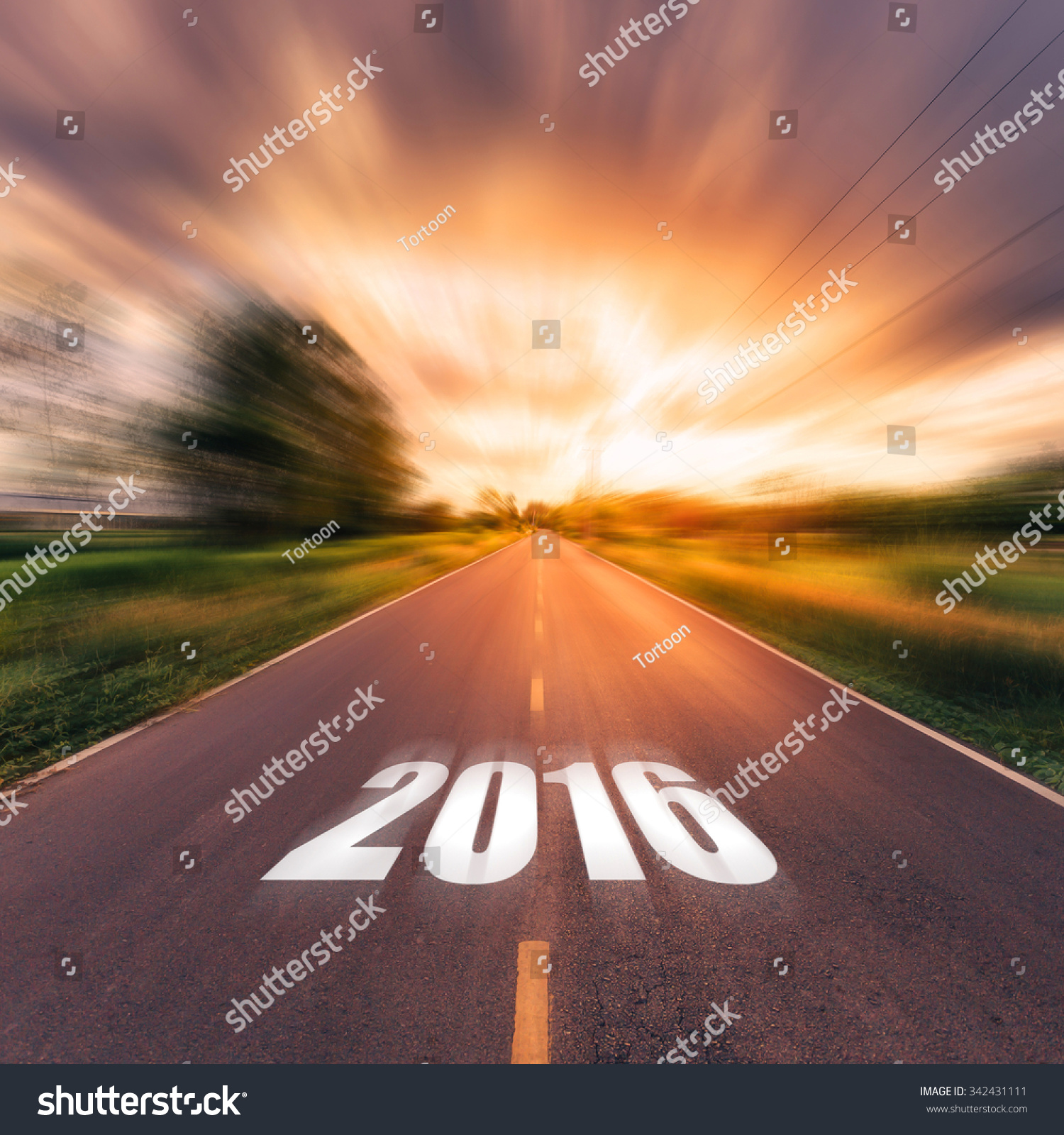 country road and field with beautiful sunset vintage. Forward to the New Year 2016. #342431111