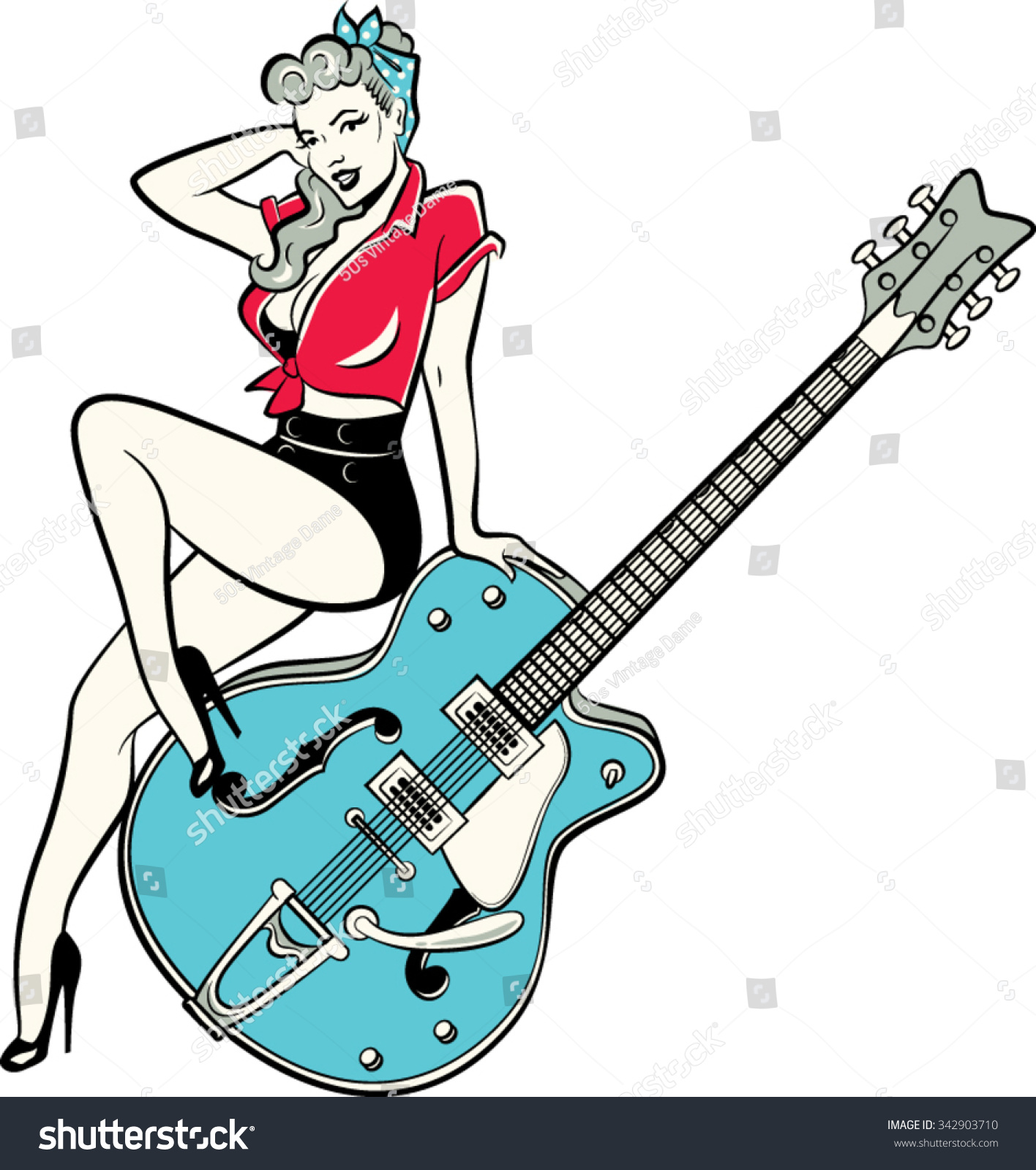 Rockabilly Pinup Girl Sitting On Vintage Guitar Royalty Free Stock Vector 342903710 7331