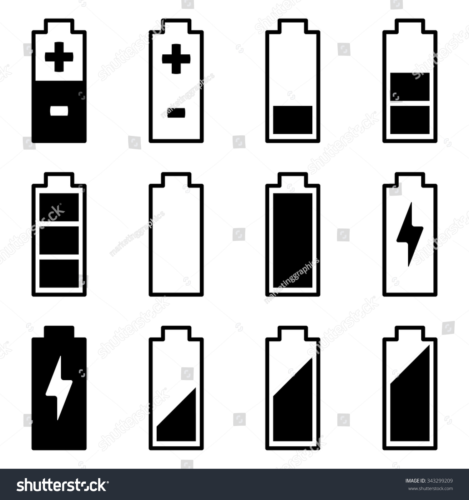 Set of 12 Battery Icons - Royalty Free Stock Vector 343299209 - Avopix.com