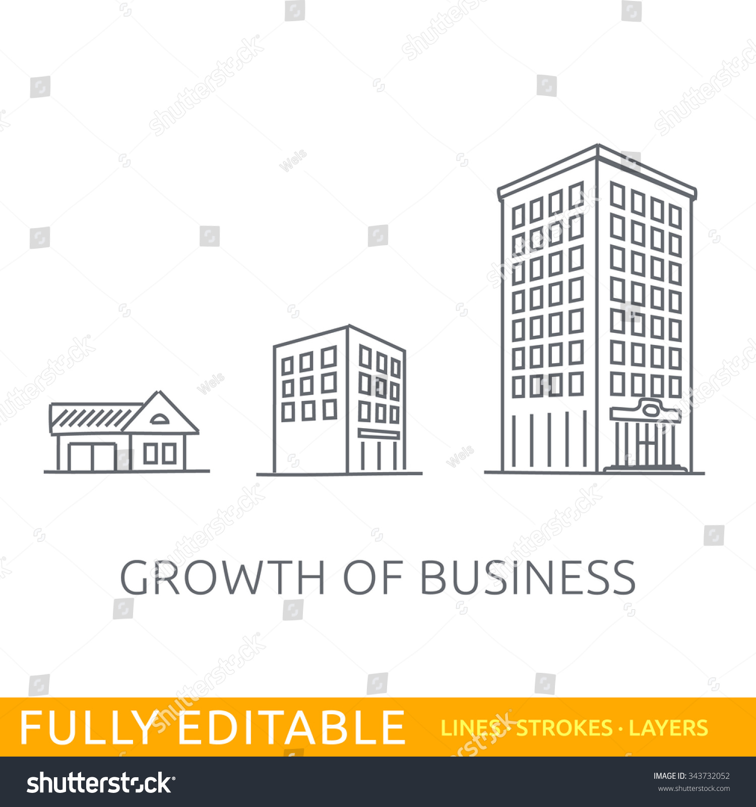 Growth of business. Buildings of company small, middle and big. Sketch line flat design of commerce architecture. Modern vector stroke concept. Fully editable outlines, saved brushes and layers. #343732052