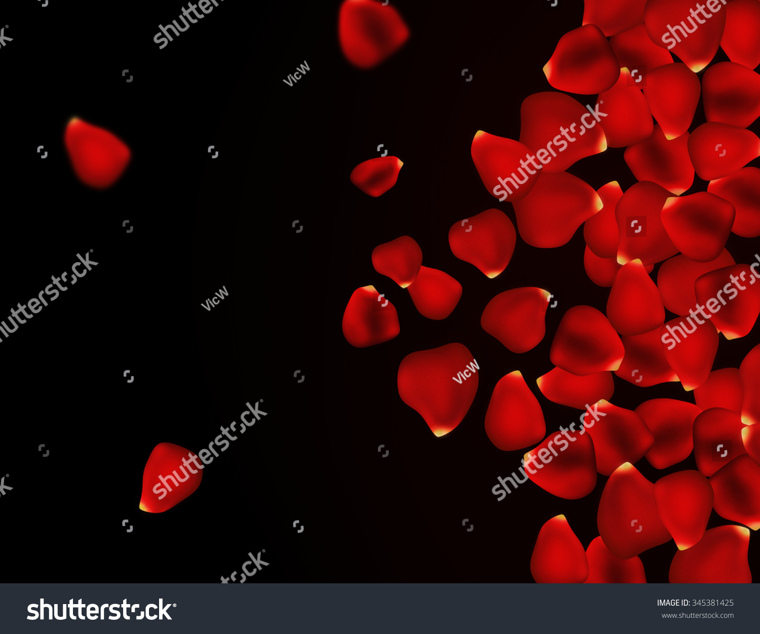 Romantic and sweet Valentine's Day background. Rose petals background on black. Beautiful deep red roses petal with space for text. Trendy and elegant wallpaper perfect for party invitation. #345381425