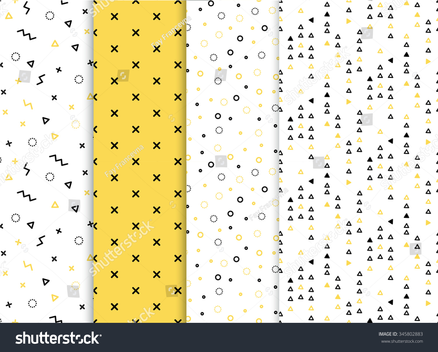 Set of 4 seamless patterns in yellow colors with geometric elements. Pattern in hipster style. Pattern is suitable for posters, postcards, fabric or wrapping paper #345802883