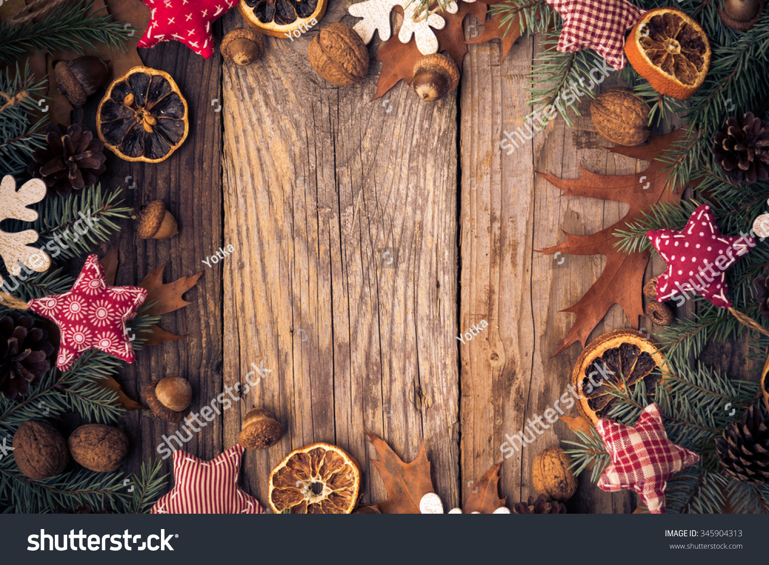 Christmas background with twigs, decorations and gifts of nature #345904313