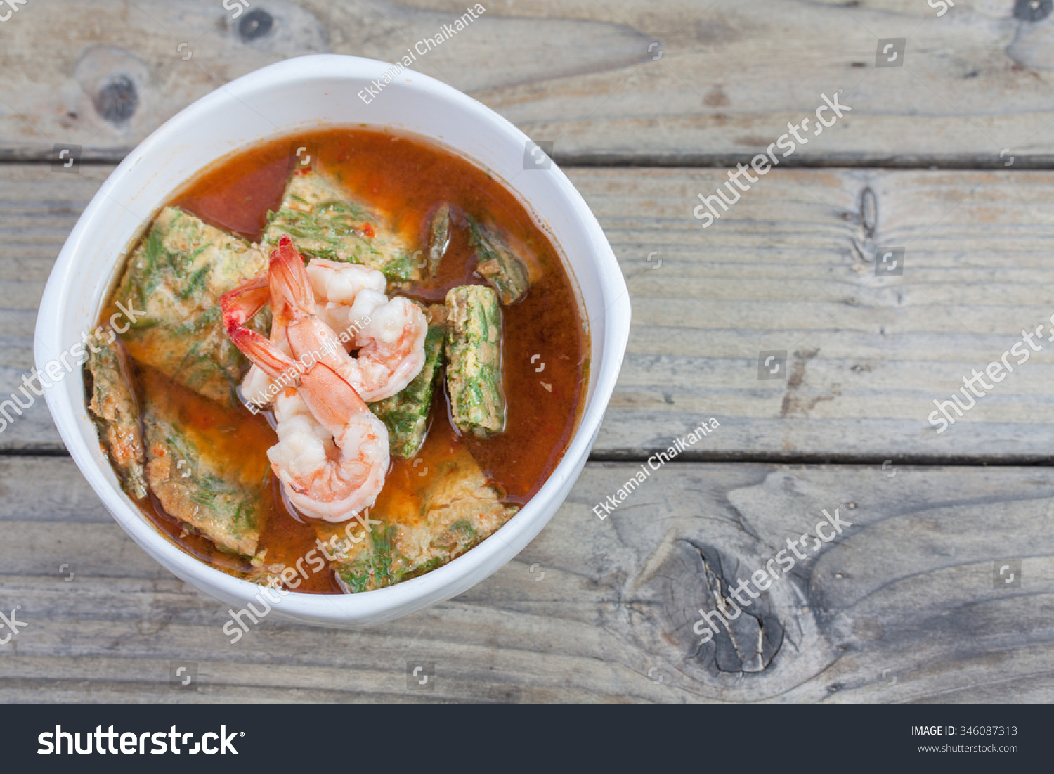 Thai Food : Spicy and Soup Curry with Shrimp and Vegetable Omelet #346087313