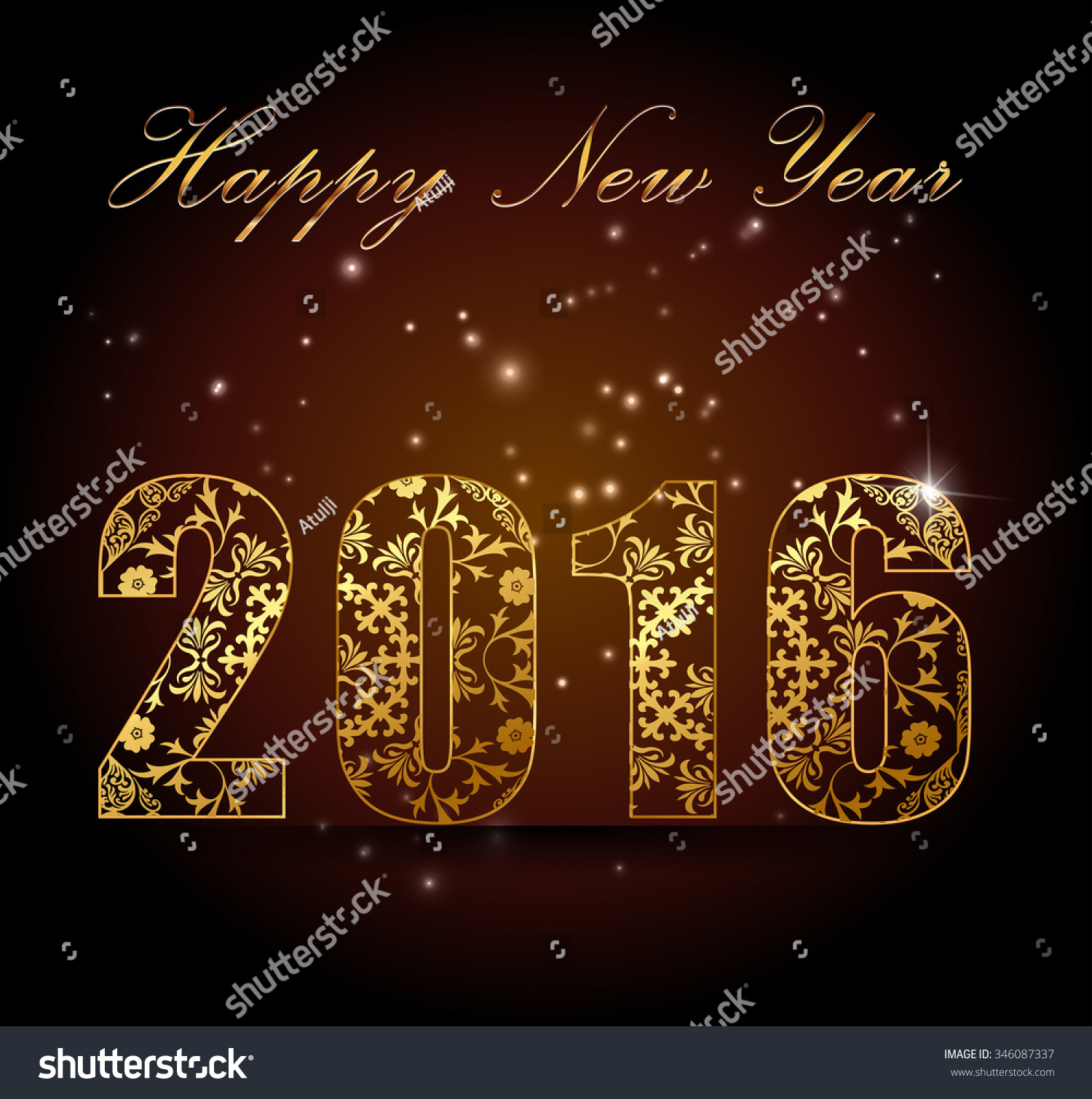 Vector - Happy New Year 2016 - gold  lights sparkling floral card #346087337