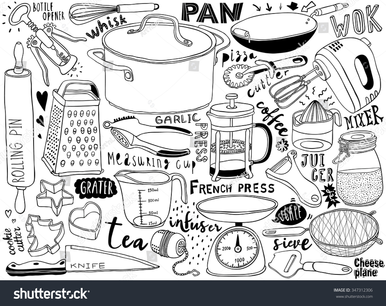 Hand Drawn Kitchen Utensils Doodles Royalty Free Stock Vector 347312306 1876