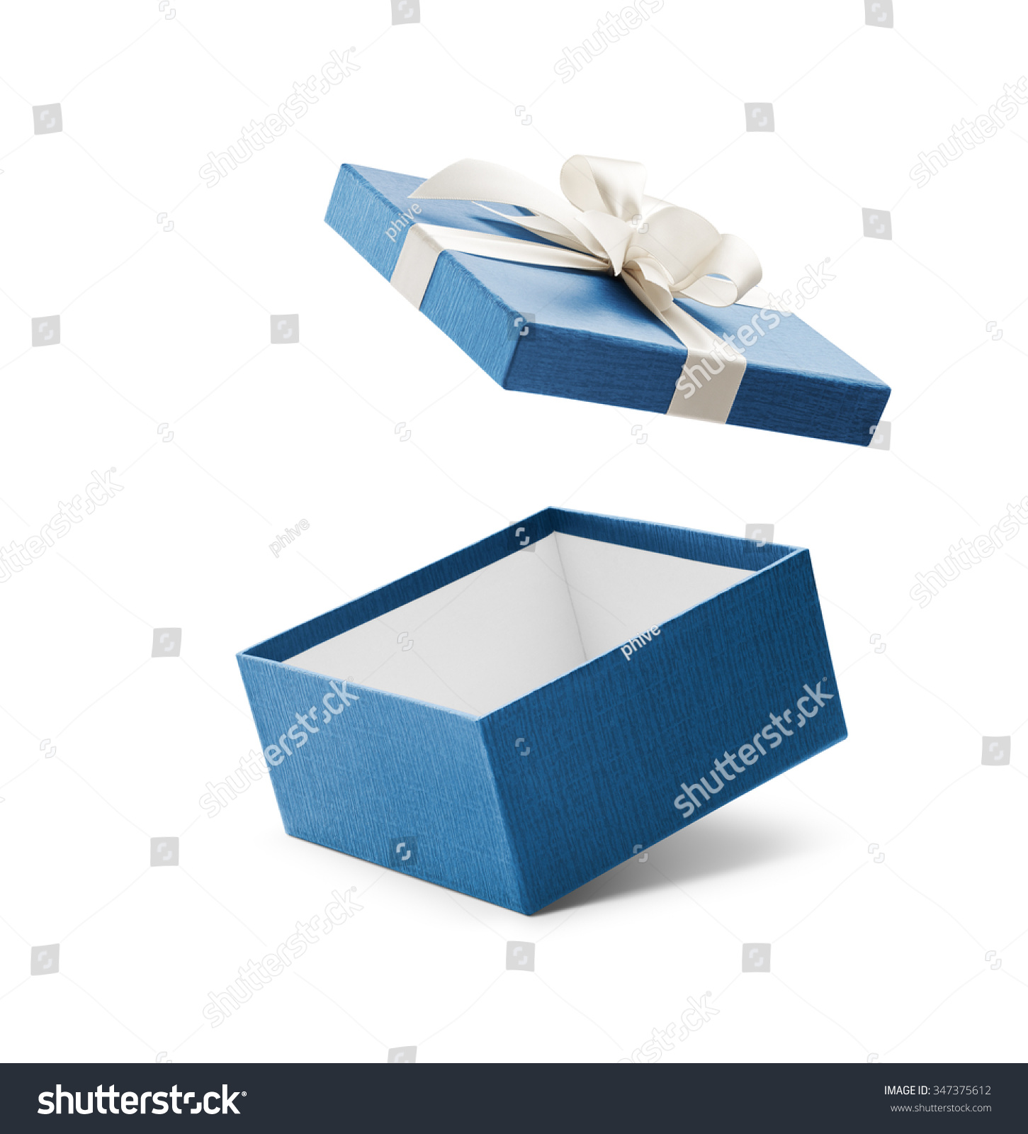 Blue open gift box with white bow isolated on white #347375612