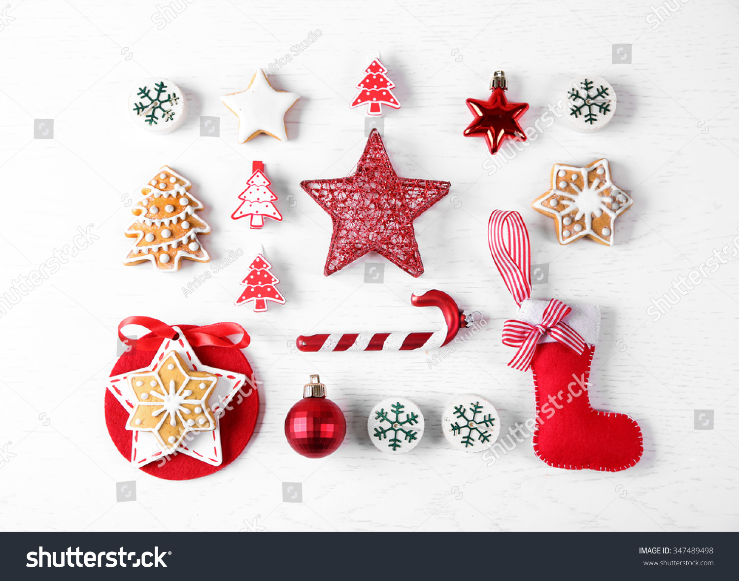Christmas decoration collection on wooden table top view #347489498